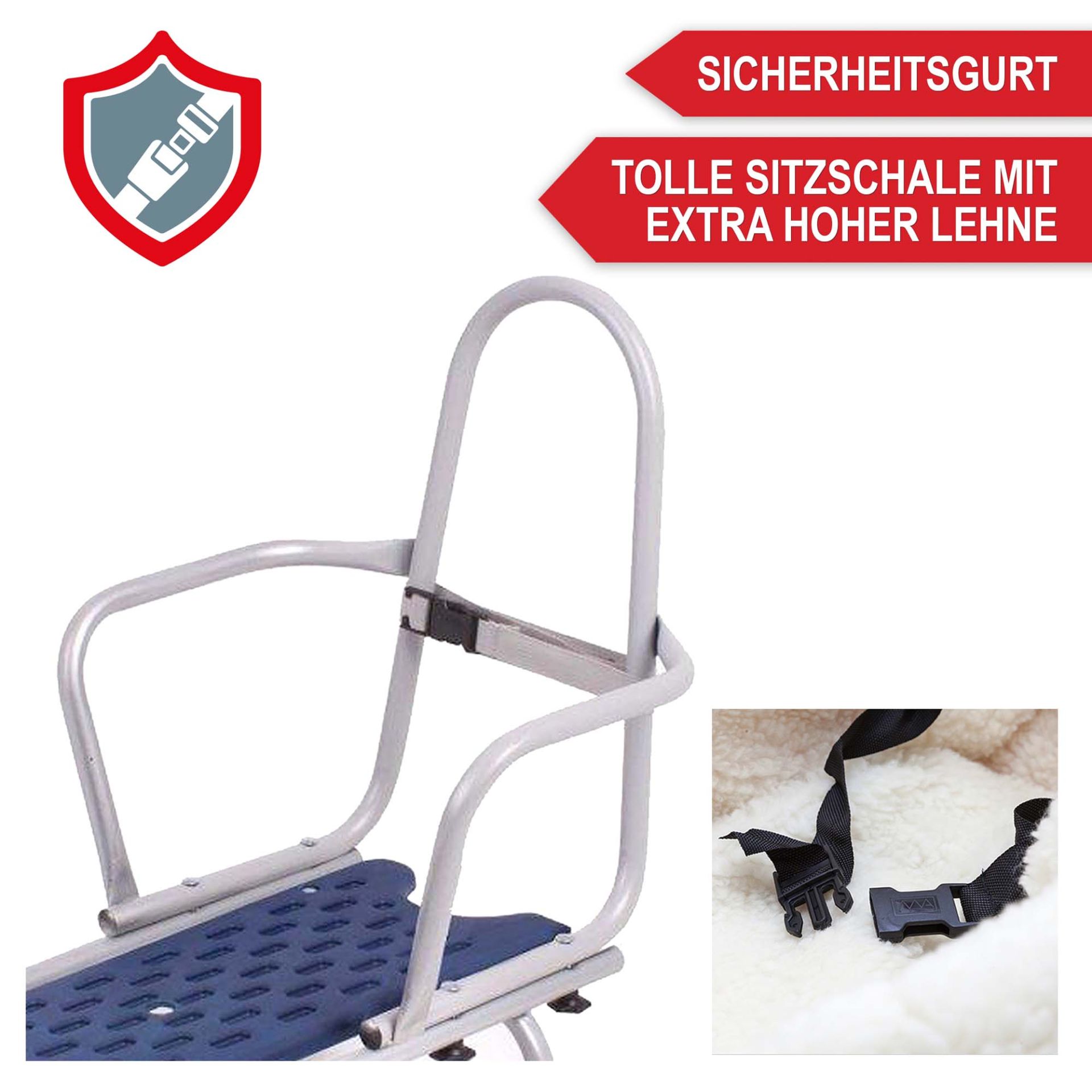 Sicherheitsgurt, tolle Sitzschale mit extra hoher Lehne - Holzschlitten