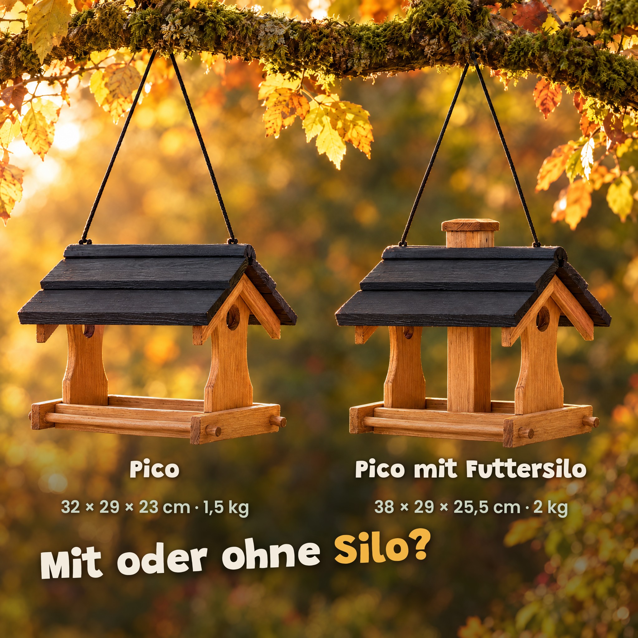 Vogelhaus Pico Varianten: Maße und Gewichte der Modelle mit und ohne Silo (Dieses Bild wurde mit Hilfe von KI generiert.)