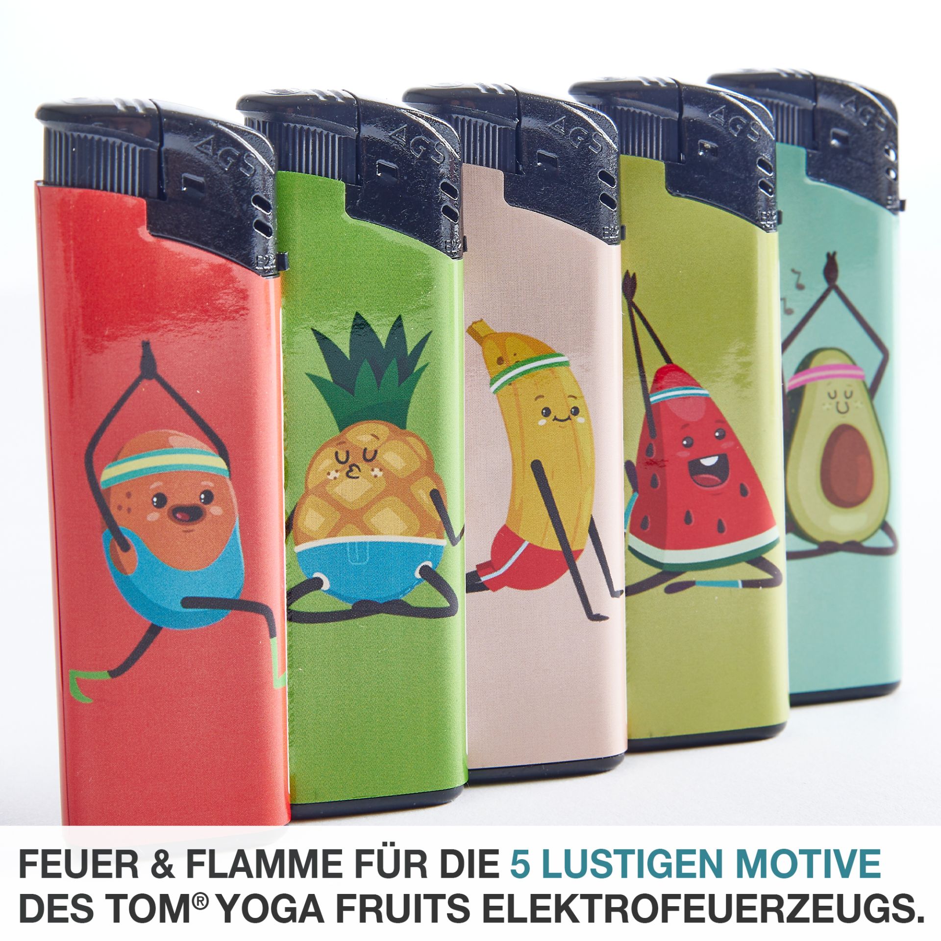 TOM Elektronik Feuerzeug Yoga Fruits; 5 lustige Motive TOM Elektronik Feuerzeug Yoga Fruits; 5 lustige Motive
