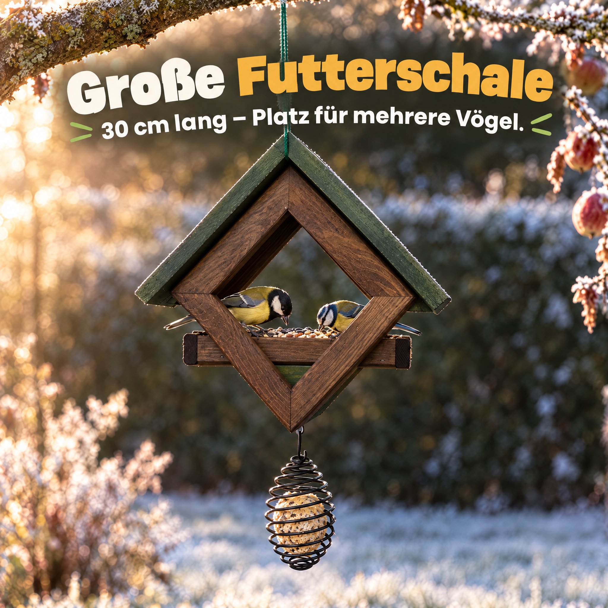 Große Futterschale Braun-Grün: Mit 30 cm Länge extra viel Platz für Vögel. (Dieses Bild wurde mit Hilfe von KI generiert.)