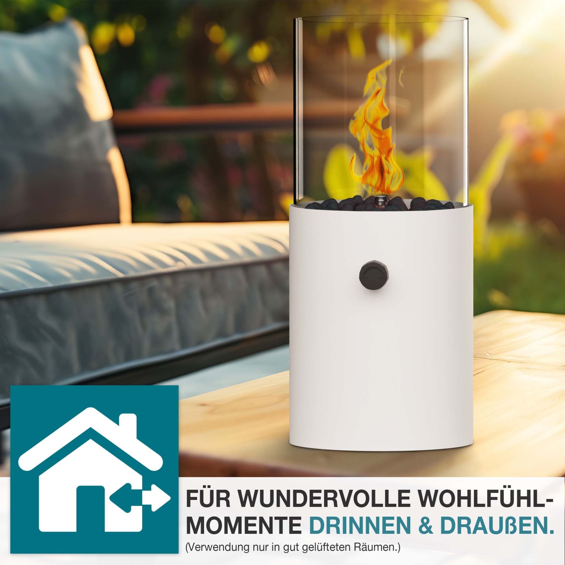 Tischkamin auf Tisch im Garten für gemütliche Momente im Innen- und Außenbereich geeignet