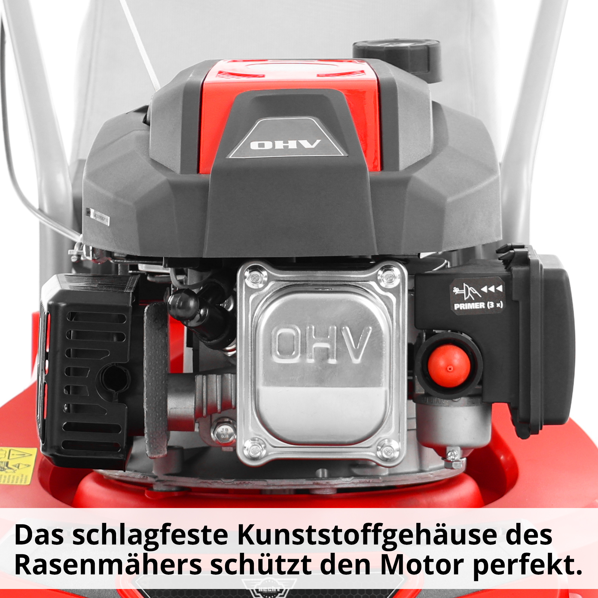 Benzin-rasenmäher mit schlagfestem Kunststoffgehäuse schützt den OHV Motor optimal vor Beschädigungen
