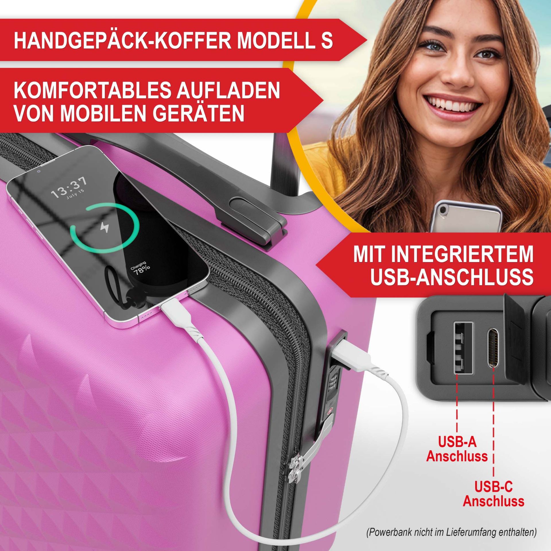 Hartschalenkofferset pink - Handgepäckkoffer Modell S, komfortables aufladen von mobilen Geräten mit integriertem USB-Anschluss