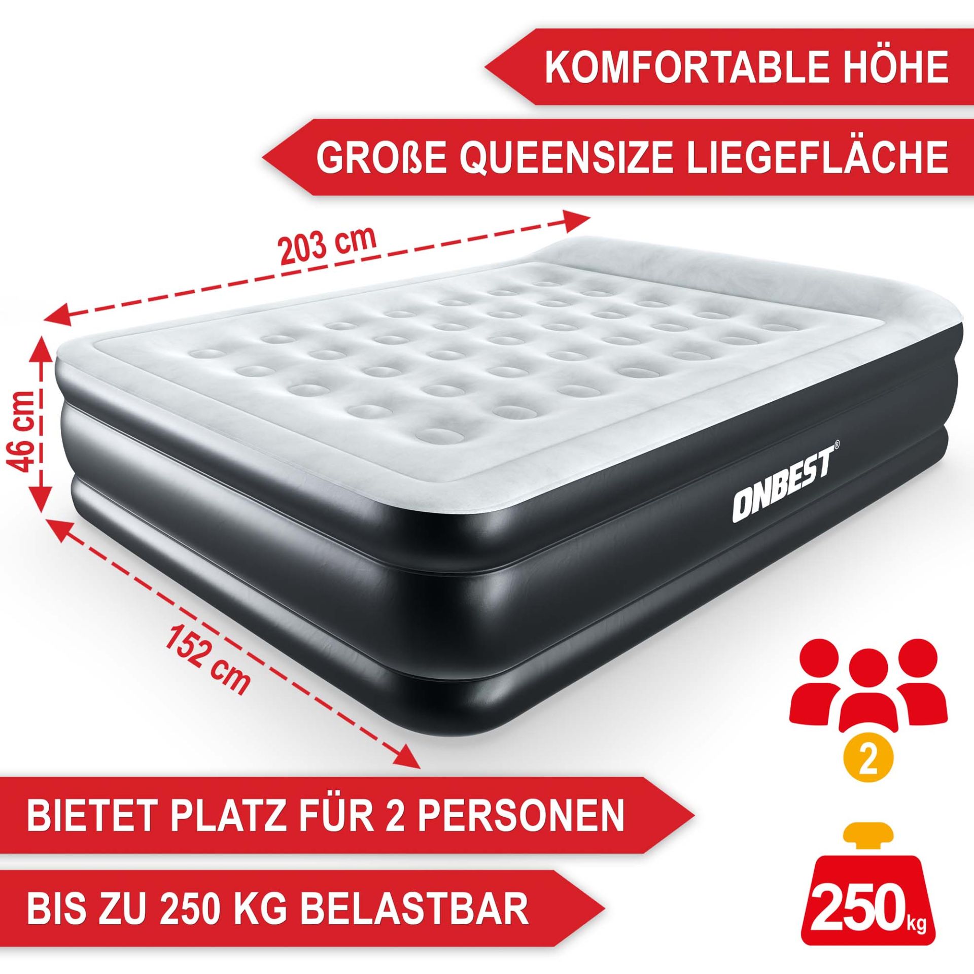 Luftbett Kingsize Schwarz - Komfortable Höhe; Große Queensize Liegefläche; bietet Platz für 2 Personen; schwer belastbar