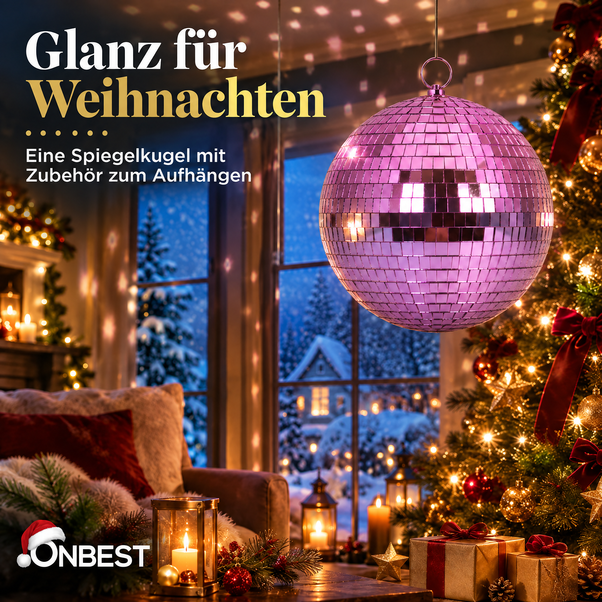 Glanz für Weihnachten - ONBEST Discokugel 20 cm Pink mit Aufhänge-Zubehör am Weihnachtsbaum (Dieses Bild wurde mit Hilfe von KI generiert.)