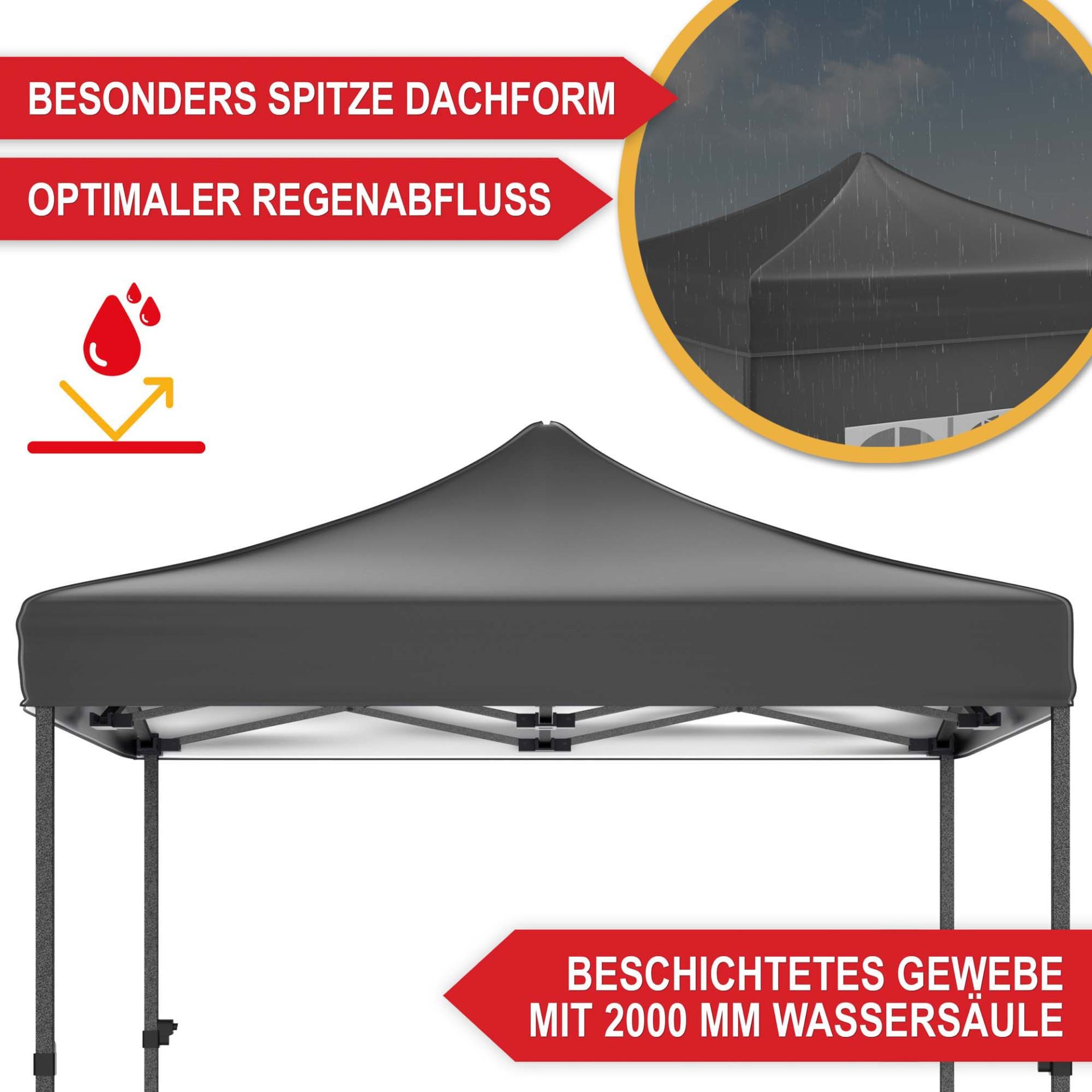 Pavillon Grau - Besonders spitze Dachform, optimaler Regenabfluss, beschichtetes Gewebe mit 2000 Millimeter Wassersäule