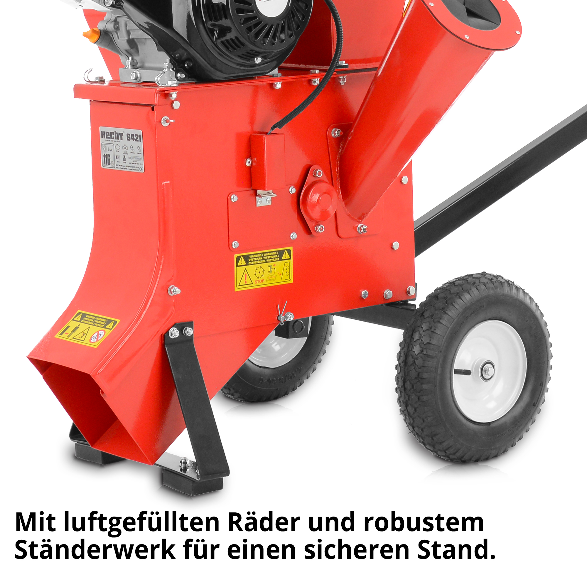 HECHT Benzin Gartenhäcksler 6421 Benzin Gartenhäcksler mit robusten Rädern und Standwerk