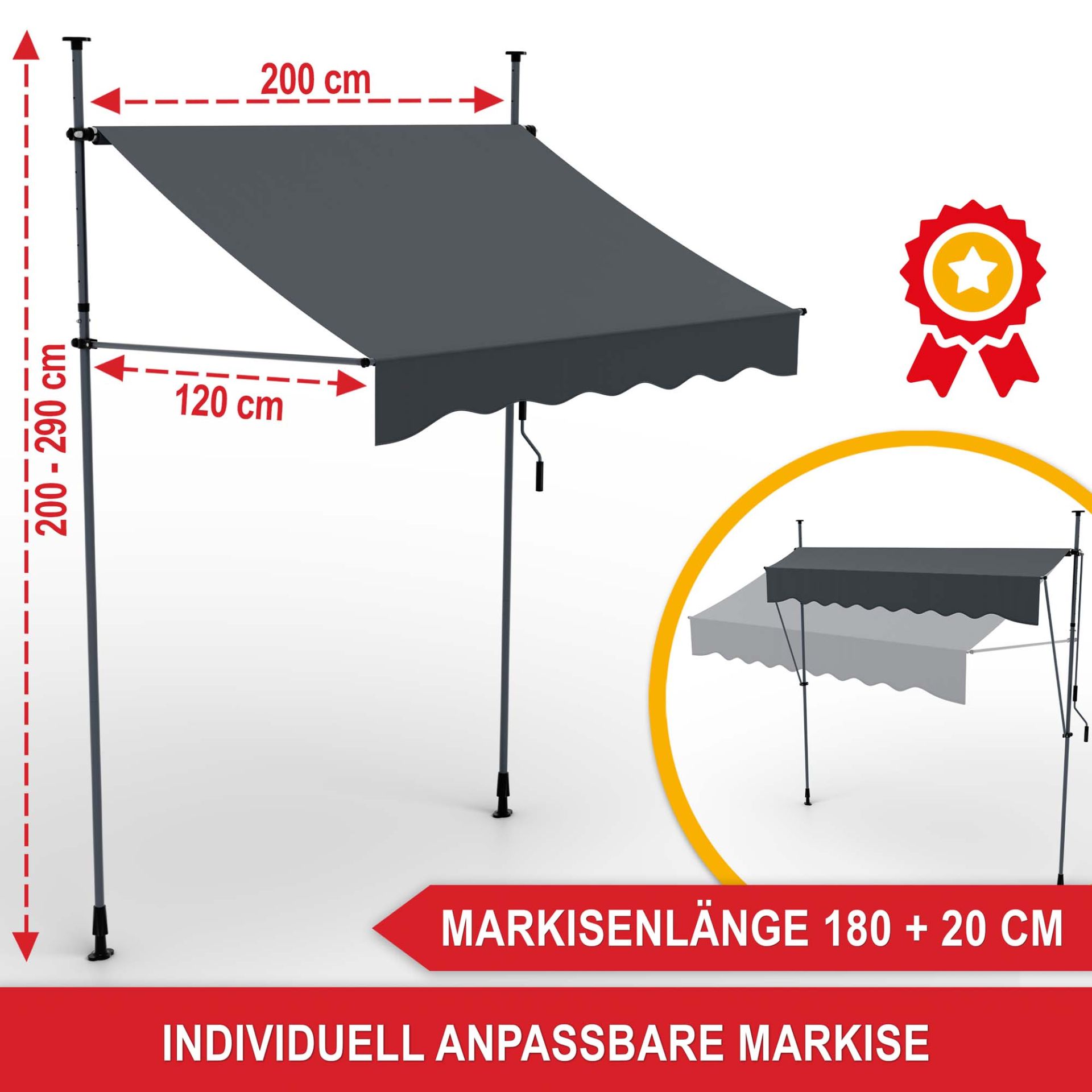 Balkonmarkise M Anthrazit - Markisenlänge, individuell anpassbare Markise