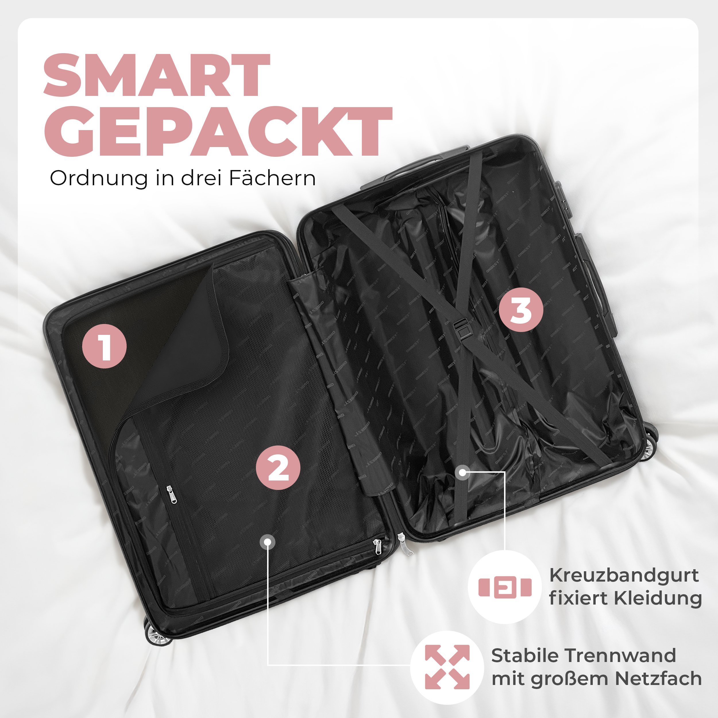 Gepäckset ONBEST Rose Gold mit Trennwand, Netzfach und Kreuzspanngurt