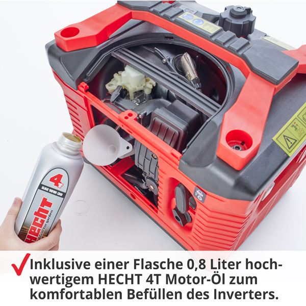 Inverter Benzin Notstromaggregat inklusive einer 0,8 Liter hochwertigen HECHT 4T Motor-Öl zum komfortablen Befüllen des Inverters