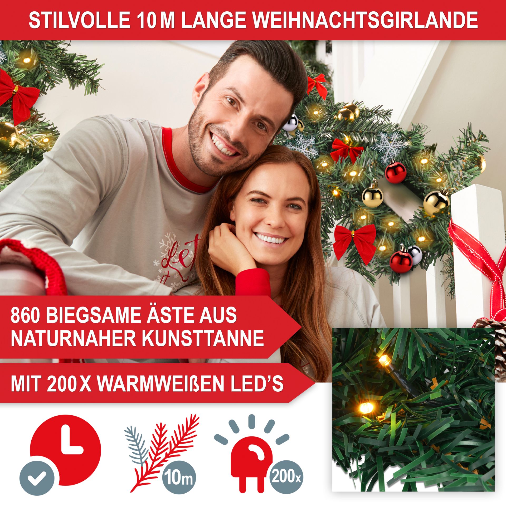 Weihnachtsgirlande 10m - Viele biegsame Äste aus naturnaher Kunsttanne, mit 100 warmweißen LEDs