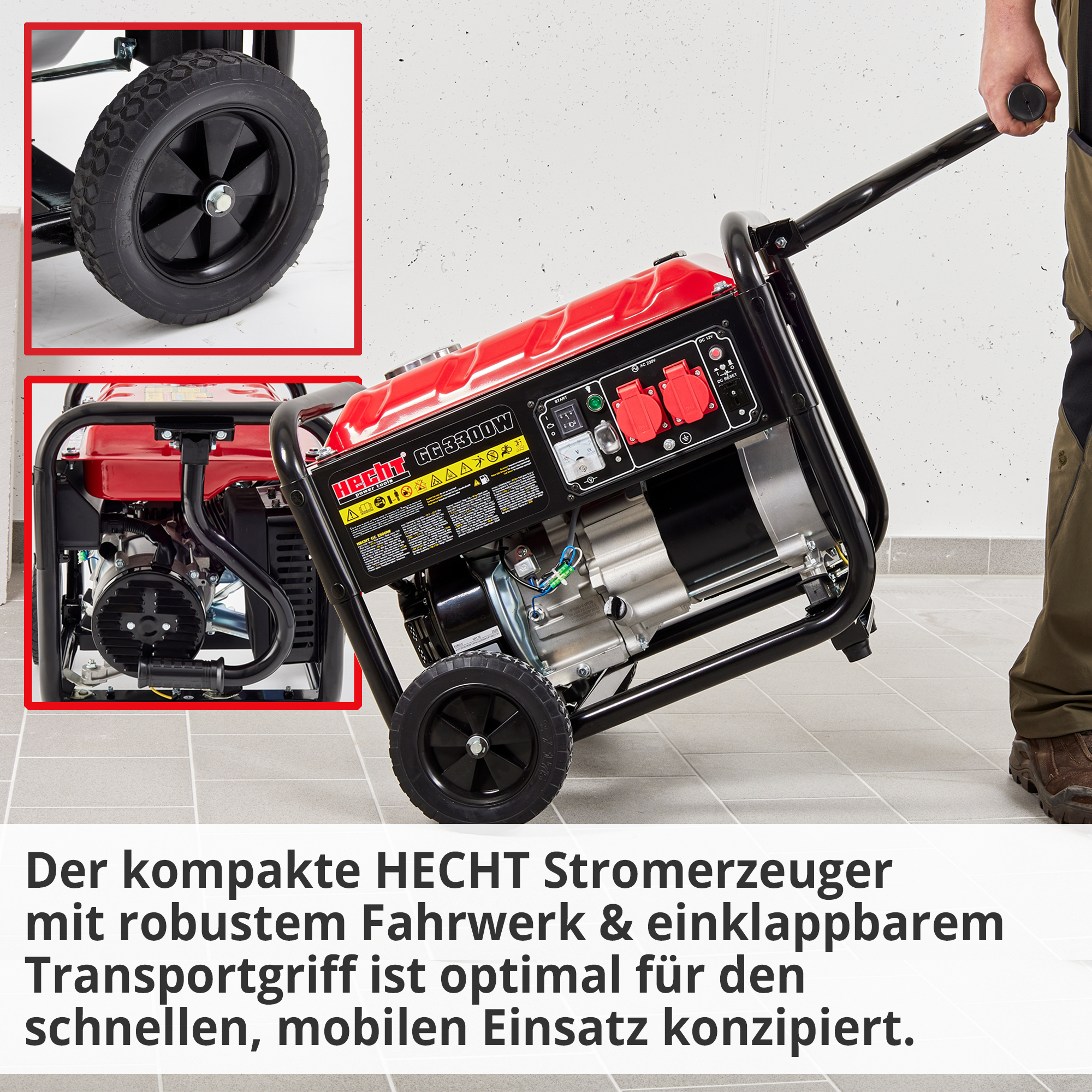Notstromaggregat Benzin; Der kompakte Stromerzeuger mit robustem Fahrwerk und einklappbarem Transportgriff ist optimal für den schnellen, mobilen Einsatz komzipiert