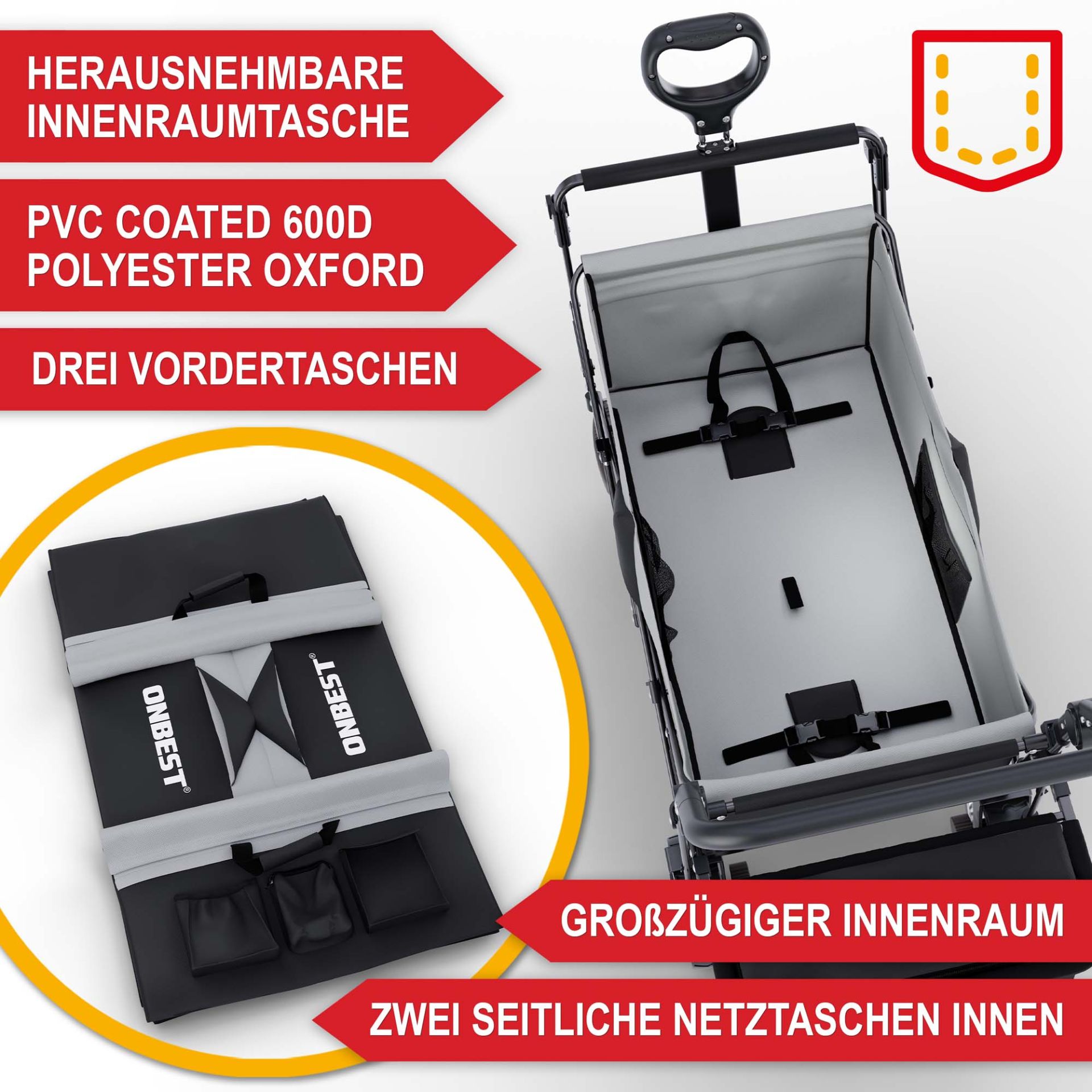 Bollerwagen mit Dach schwarz - Herausnehmbare Innenraumtasche, PVC coated 600D Polyester Oxford, 3 Vordertaschen, großzügiger Innenraum, 2 seitliche Netztaschen innen