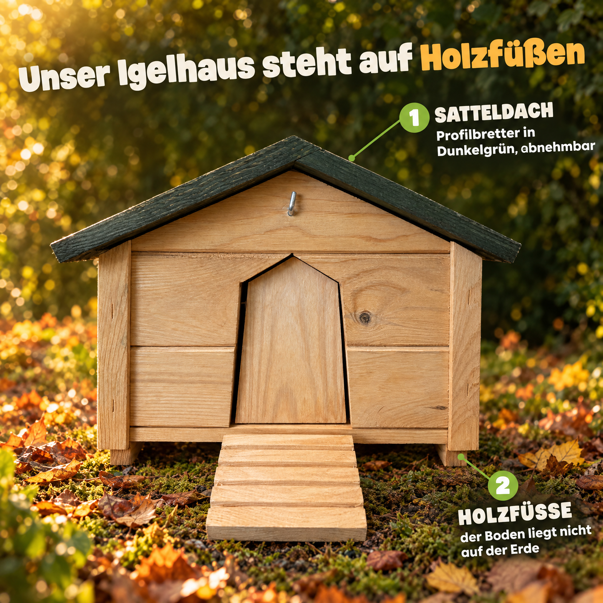 Holz-Igelkasten: Steht trocken auf Füßen unter dem Satteldach (Dieses Bild wurde mit Hilfe von KI generiert.)