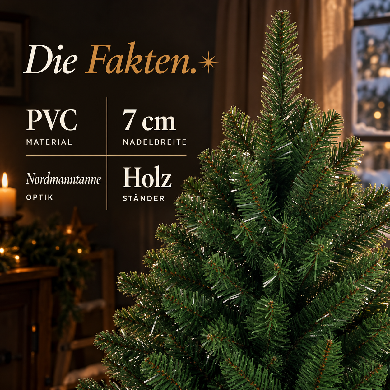 Künstliche Tanne Details: PVC-Nadeln im Nordmann-Look und Holzständer (Dieses Bild wurde mit Hilfe von KI generiert.)