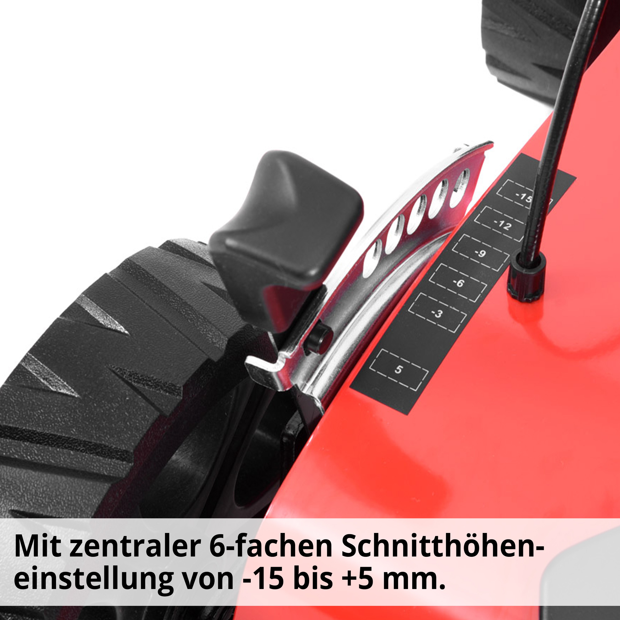 Zentrale Schnitthöhenverstellung 6-fach Hebel Tiefeneinstellung -15 bis +5 mm Vertikutierer