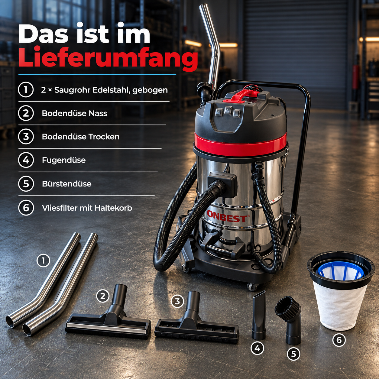 Sauger Lieferumfang: Düsen, gebogene Edelstahlrohre und Vliesfilter (Dieses Bild wurde mit Hilfe von KI generiert.)