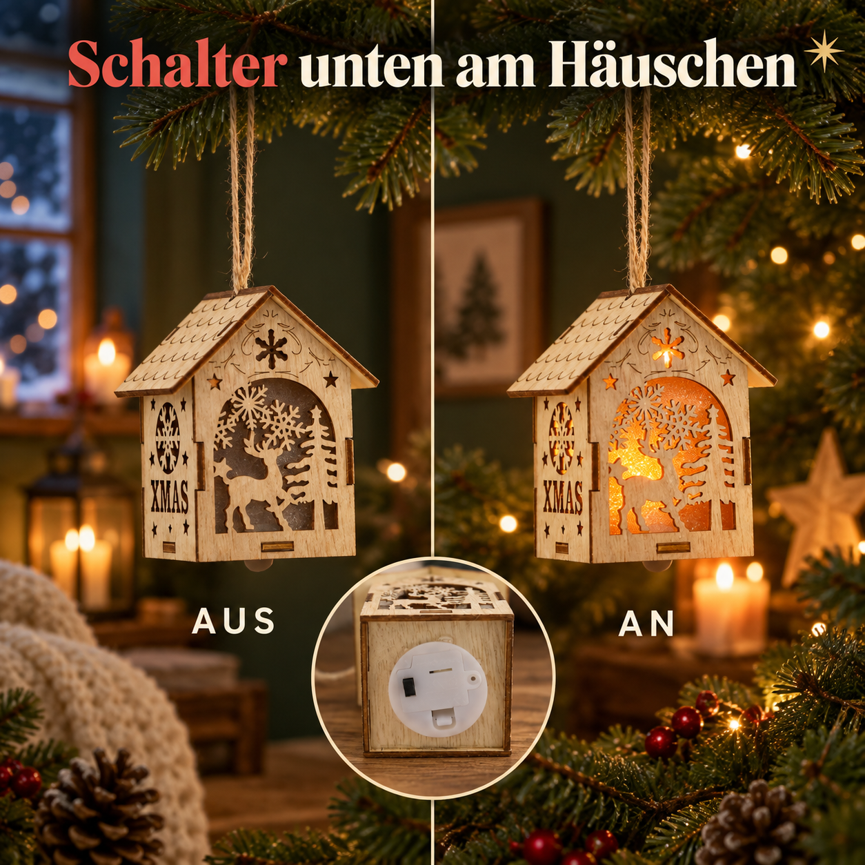 Beleuchteter Baumschmuck ONBEST: Schalter am Häuschen für Licht an/aus (Dieses Bild wurde mit Hilfe von KI generiert.)