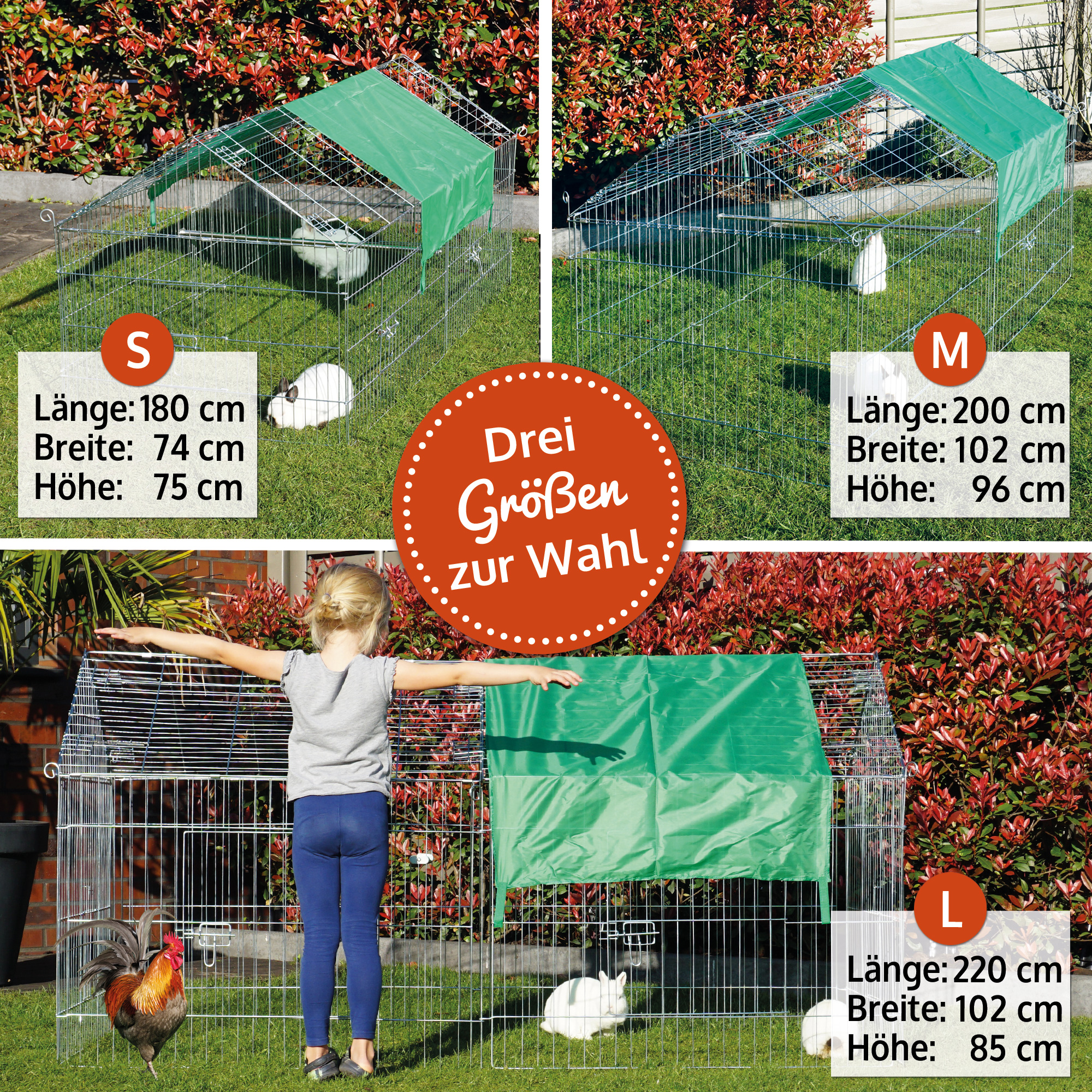 Freigehege mit spitzem Dach in drei Größen für Kaninchen und Hühner