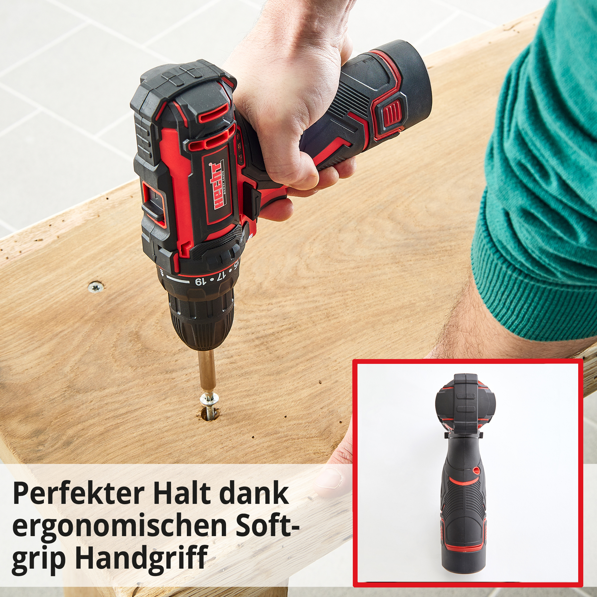 HECHT 1242 Akkuschrauber mit perfektem Halt dank ergonomischen Softgrip Handgriff HECHT 1242 Akkuschrauber mit perfektem Halt dank ergonomischen Softgrip Handgriff