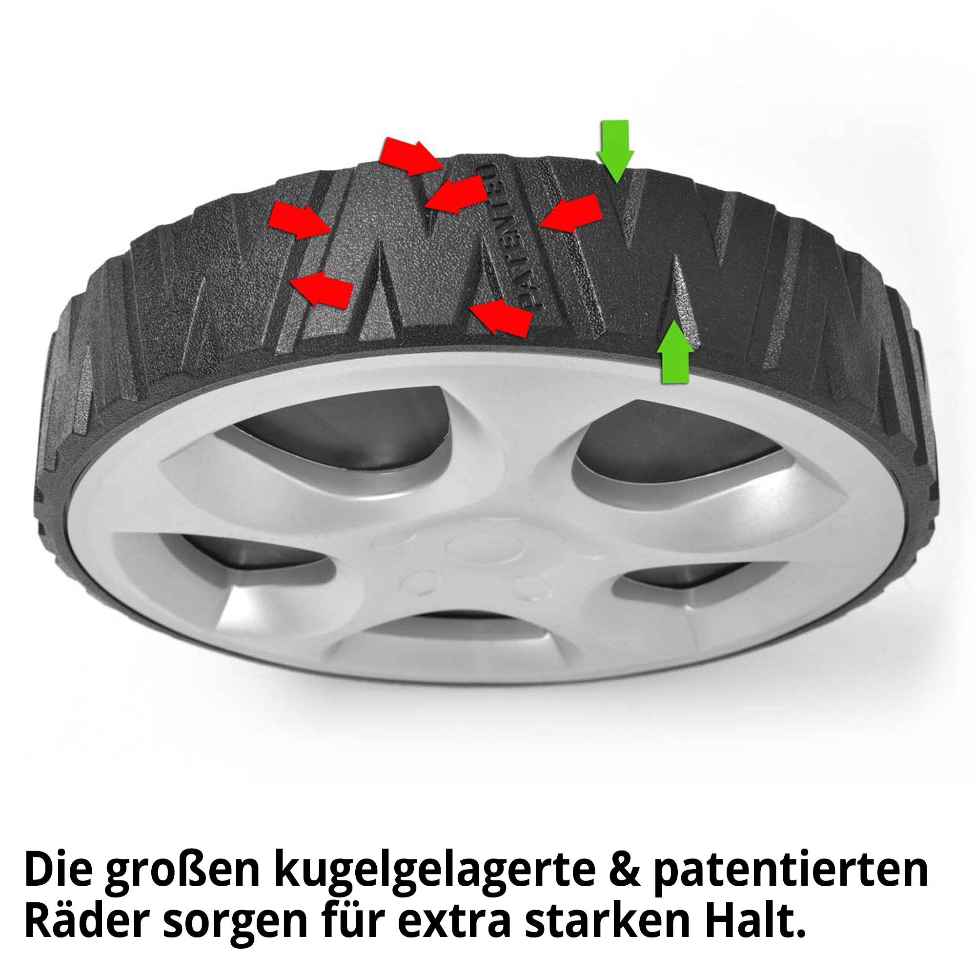 Hecht 554 SXE Benzin Rasenmäher; Die großen kugelgelagerte und patentierte Räder sorgen für extra starken Halt