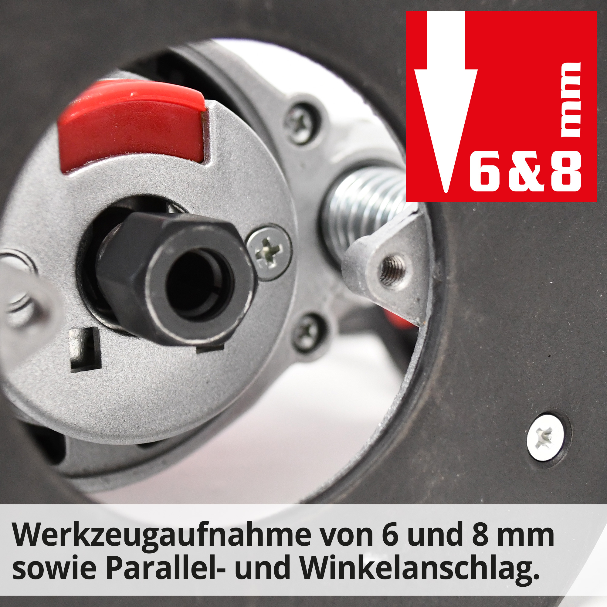 Hecht 1795 Oberfräse; Werkzeugaufnahme von 6 und 8mm und Parallel- und Winkelanschlag