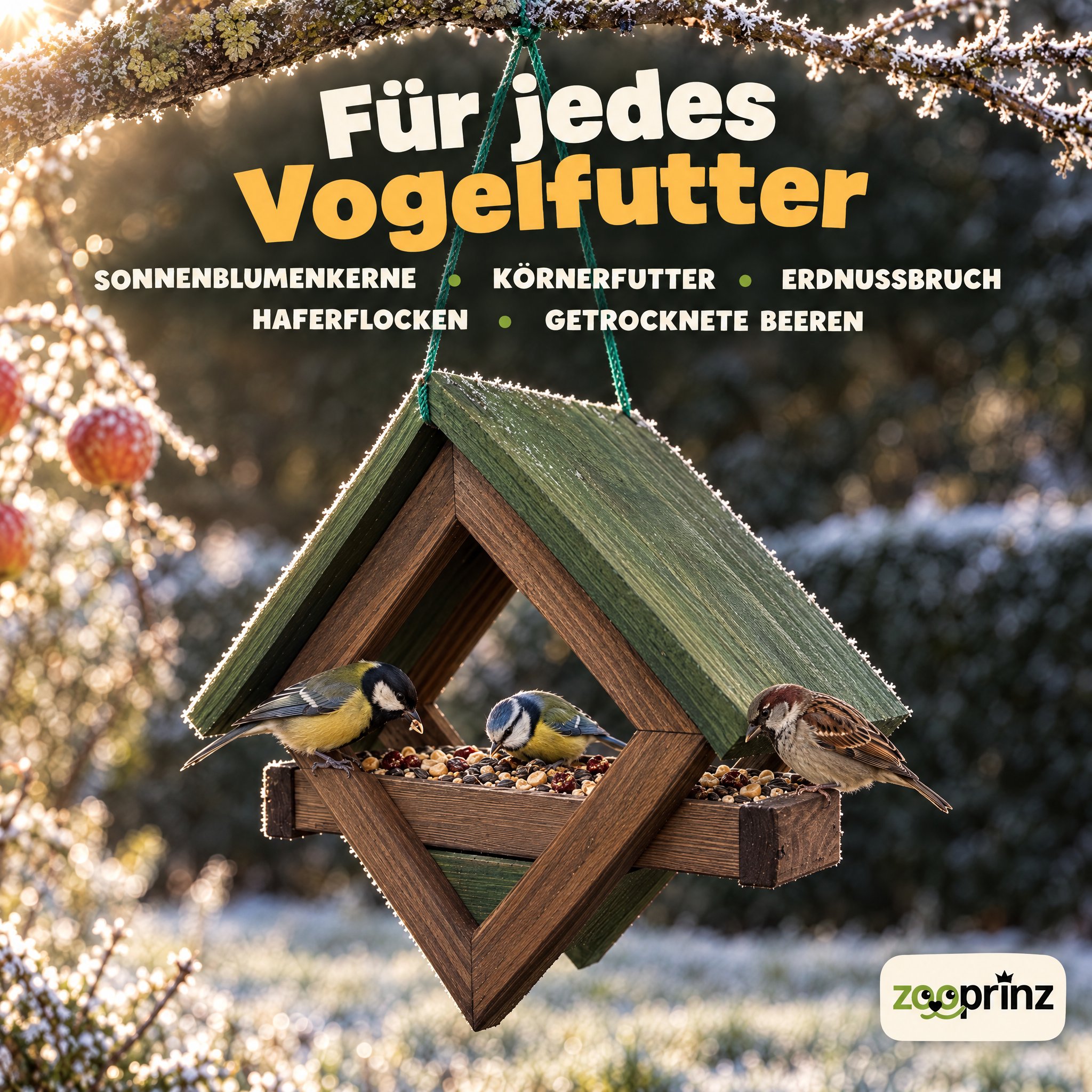 Vogelfutterhaus Braun-Grün: Ideal für Sonnenblumenkerne und Haferflocken (Dieses Bild wurde mit Hilfe von KI generiert.)