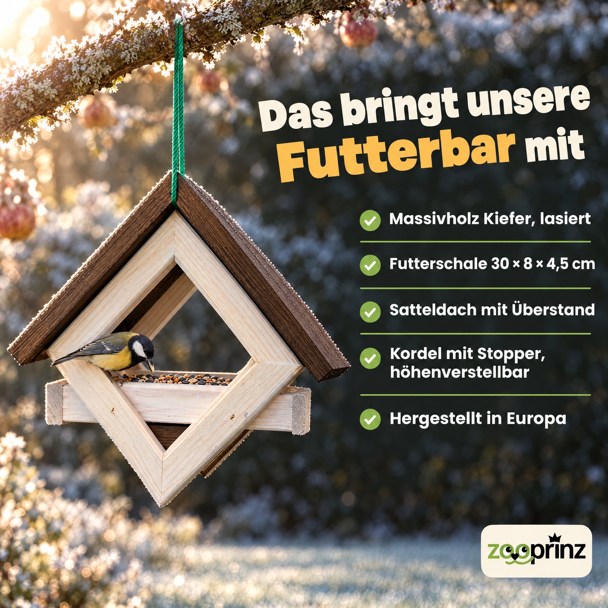 Birdy Bar Übersicht Weiß-Braun: Alle Details zur Futterbar auf einen Blick (Dieses Bild wurde mit Hilfe von KI generiert.)