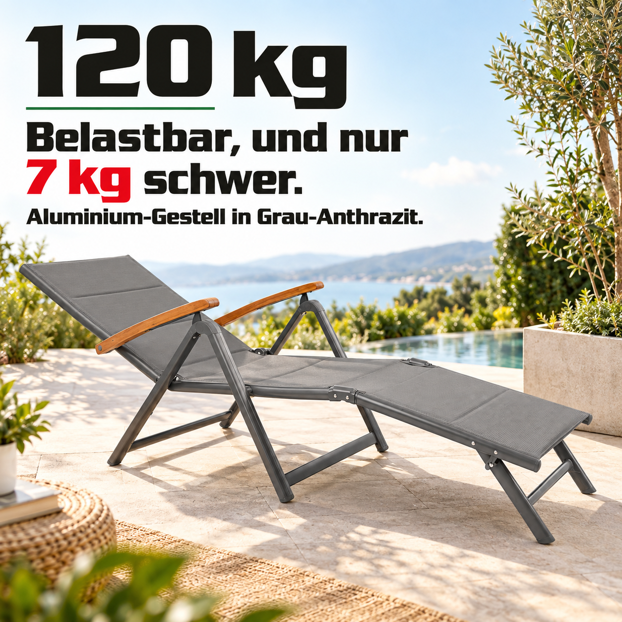 Leichte Alu-Liege: Nur 7 kg schwer, aber bis 120 kg belastbar (Dieses Bild wurde mit Hilfe von KI generiert.)