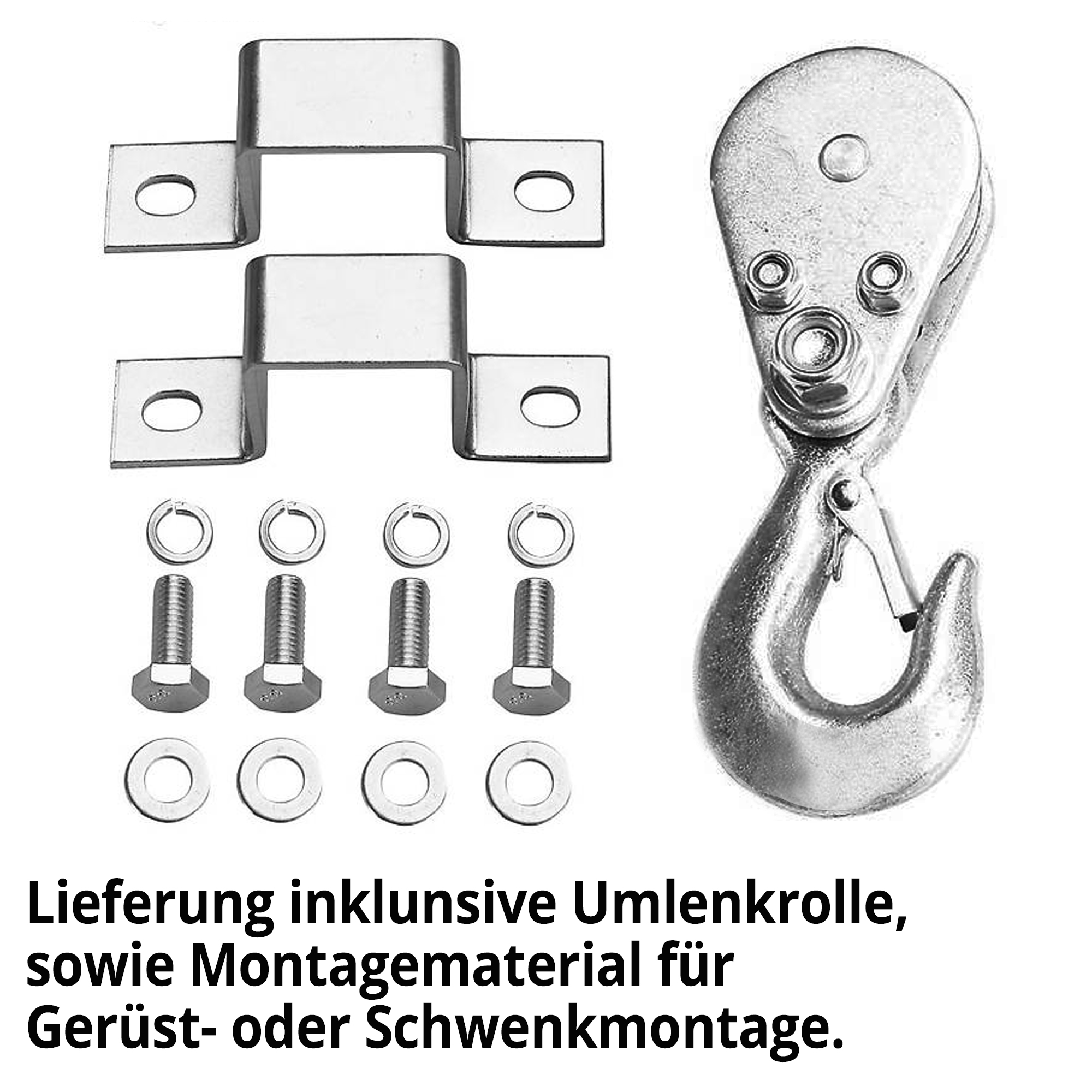 HECHT 8425 Seilzugwinde; Lieferumfang inklusive Umlenkrolle sowie Monatagematerial für Gerüst- oder Schwenkmontage