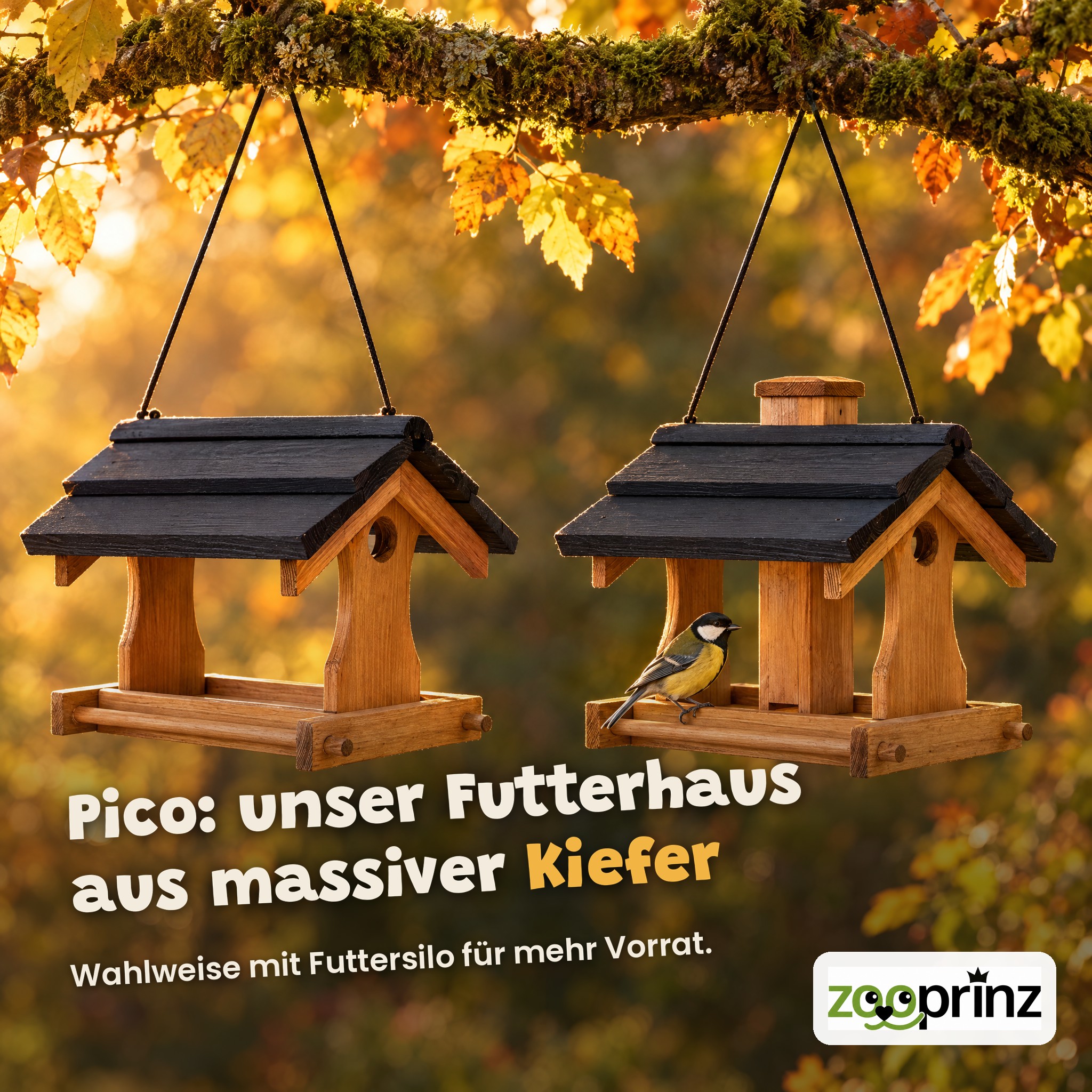 Futterhaus aus massiver Kiefer: zooprinz Pico wahlweise mit und ohne Silo (Dieses Bild wurde mit Hilfe von KI generiert.)