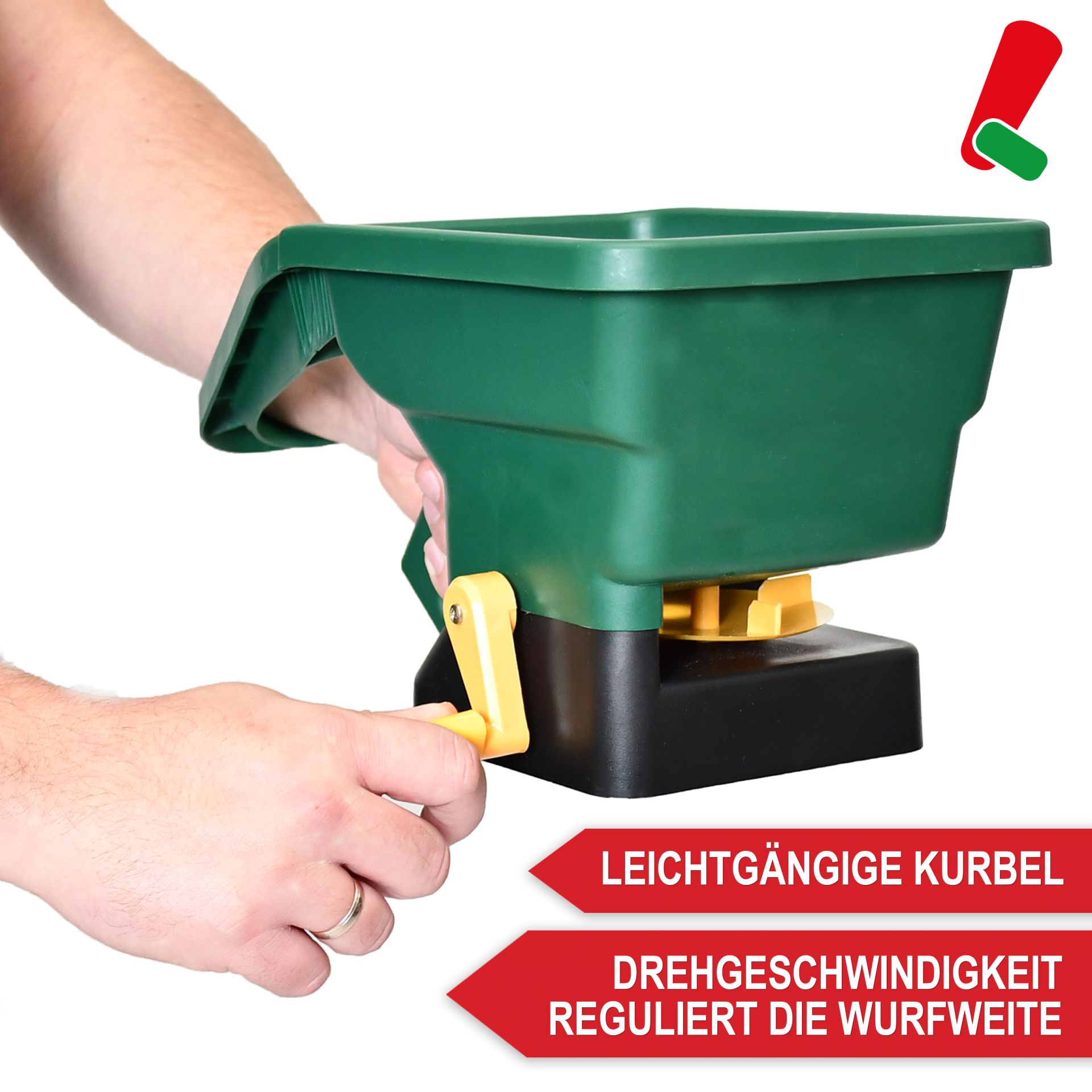 Handstreuer HS30 - Leichtgängige Kurbel; Drehgeschwindigkeit reguliert die Wurfweite