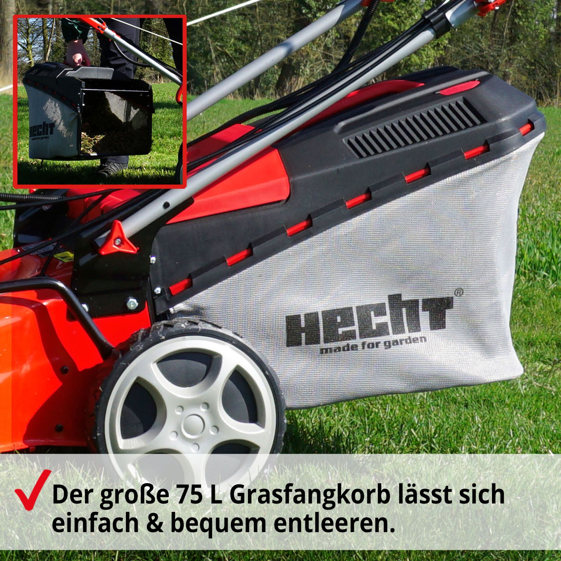 Benzin-Rasenmäher mit großem 75 Liter Gras Fangkorb