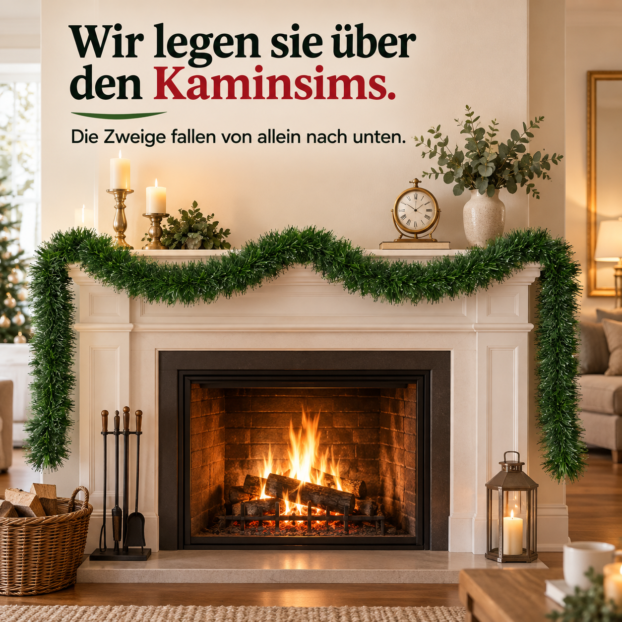 Deko-Girlande Weihnachten: Festlich drapiert über dem Kaminsims (Dieses Bild wurde mit Hilfe von KI generiert.)