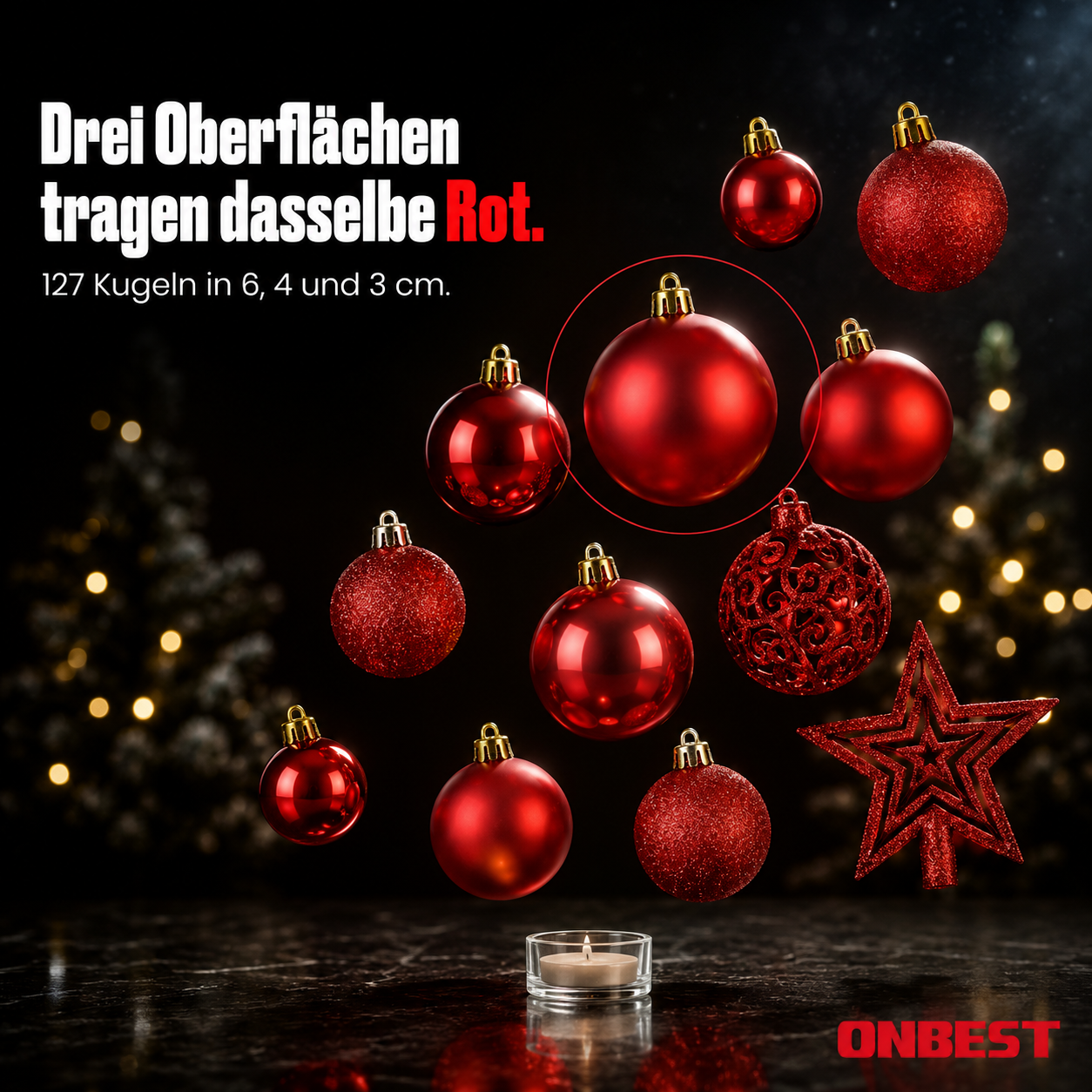 ONBEST Christbaumkugeln: 127 Kugeln in Rot mit 3 Oberflächen (Dieses Bild wurde mit Hilfe von KI generiert.)