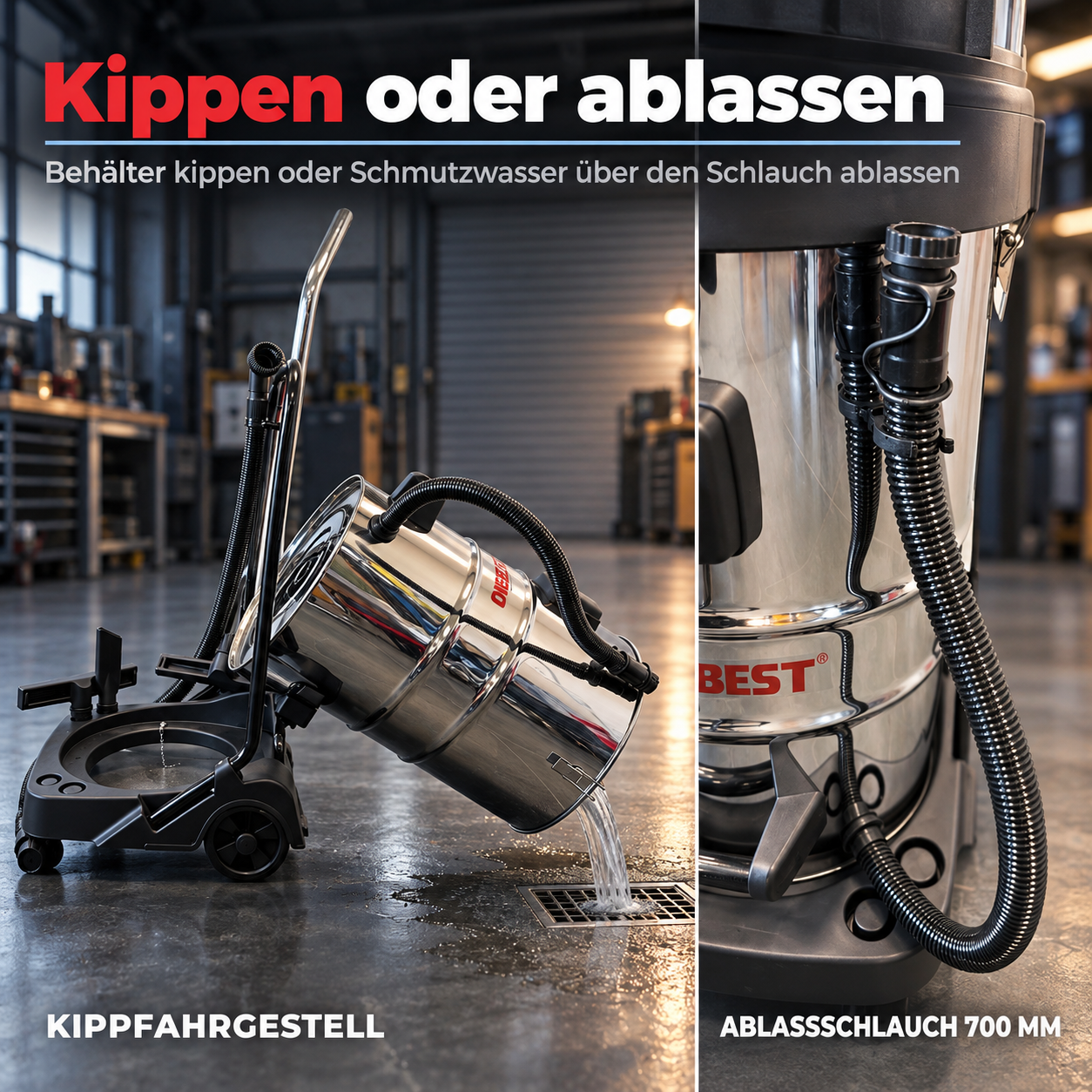 Bequeme Entleerung: Flexibles Kippfahrgestell und Ablassschlauch (Dieses Bild wurde mit Hilfe von KI generiert.)