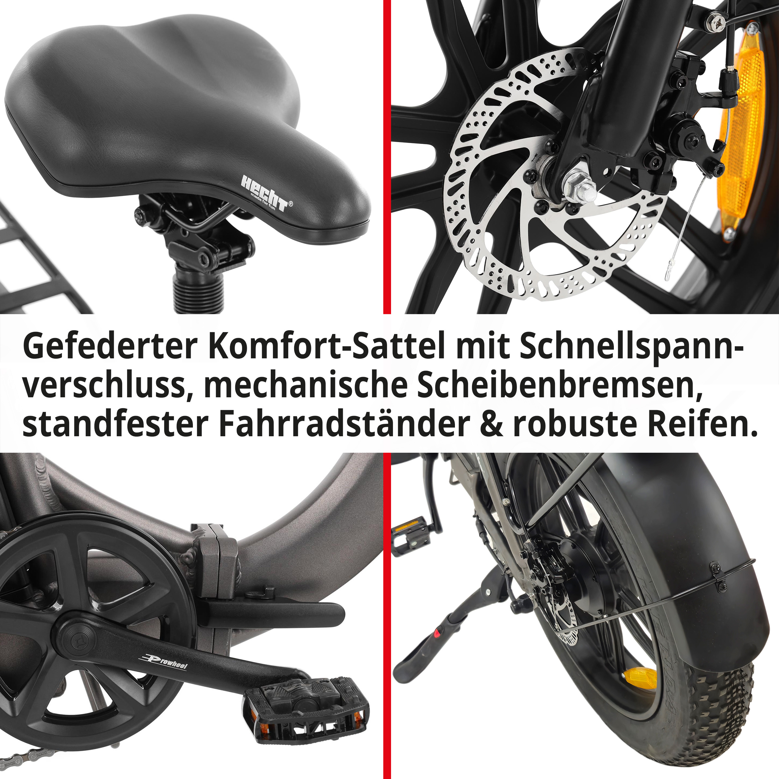 Elektro Klapprad; Gefederter Komfort-Sattel mit Schnellspannverschluss, mechanische Scheibenbremse, standfester Fahrradständer und robuste Reifen