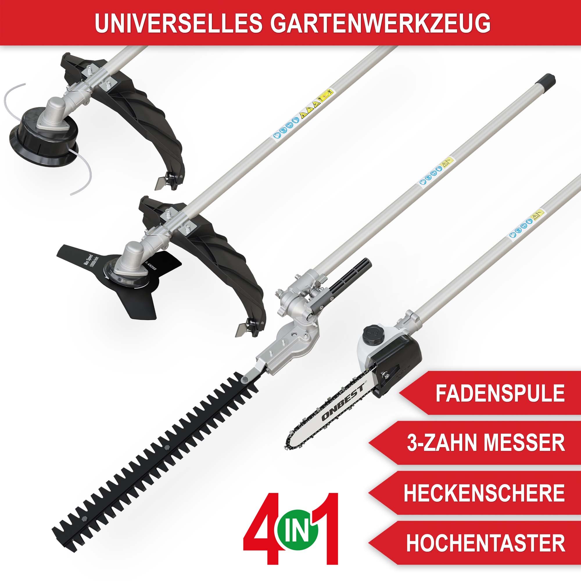 Multitool Benzin 4in1 1452 - Universelles Gartenwerkzeug; 4 in 1; Fadenspule; 3-Zahn Messer; Heckenschere; Hochentaster