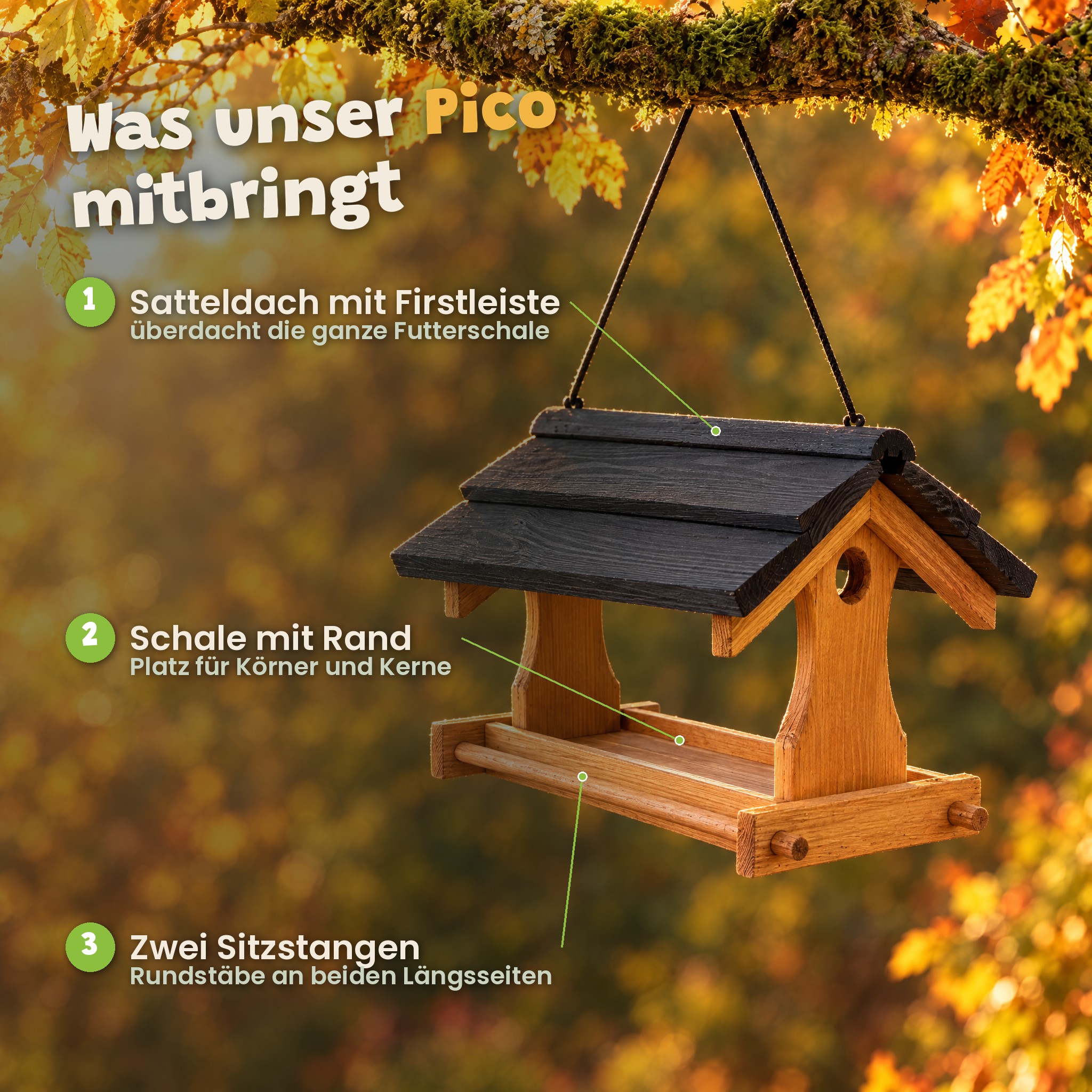Vogelhäuschen Details: Satteldach, zwei Sitzstangen und Schale mit Rand (Dieses Bild wurde mit Hilfe von KI generiert.)