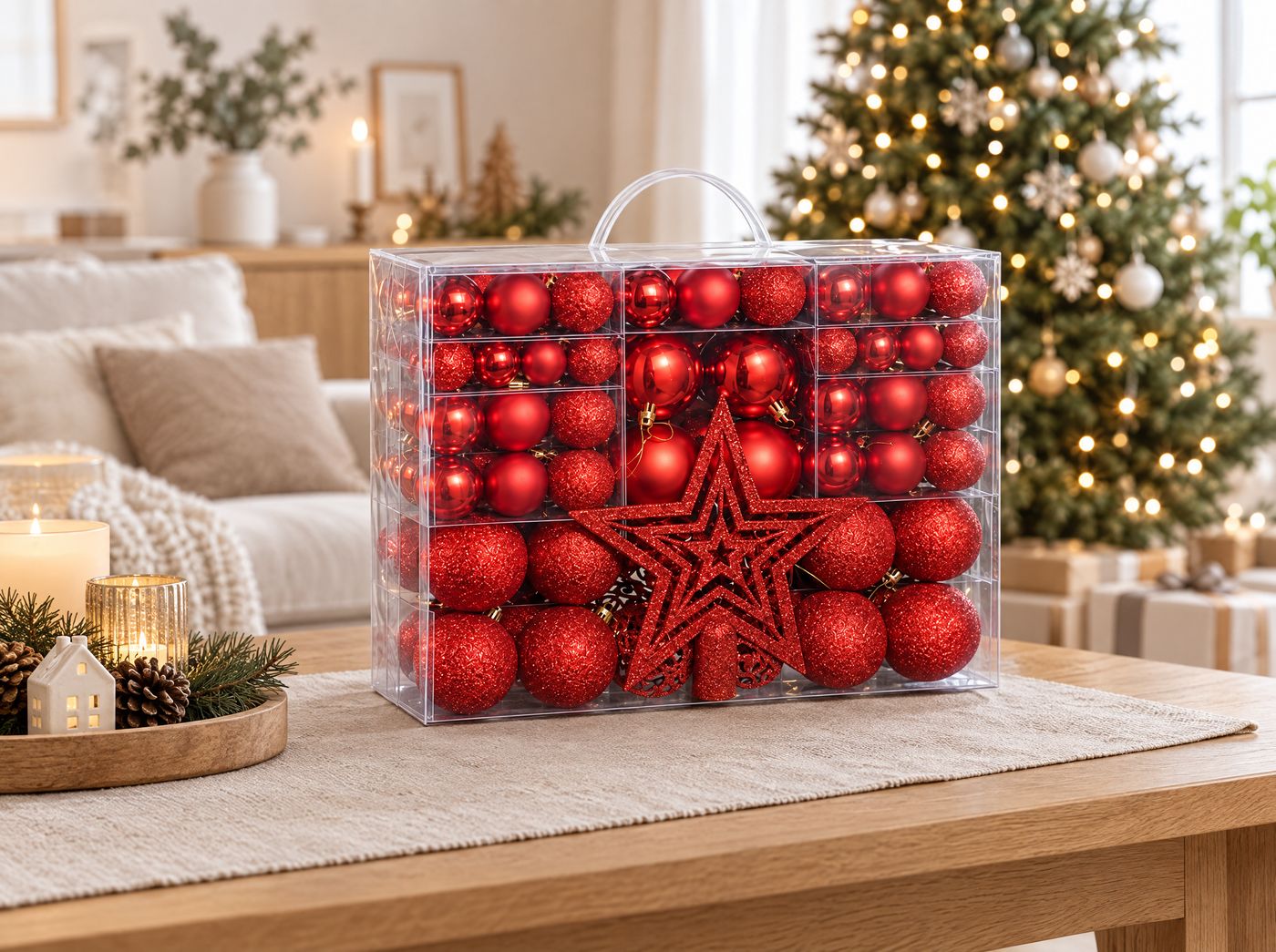Transparente Aufbewahrungsbox mit Tragegriff, gefüllt mit roten Weihnachtskugeln und Sternspitze, auf einem Holztisch (Dieses Bild wurde mit Hilfe von KI generiert.)