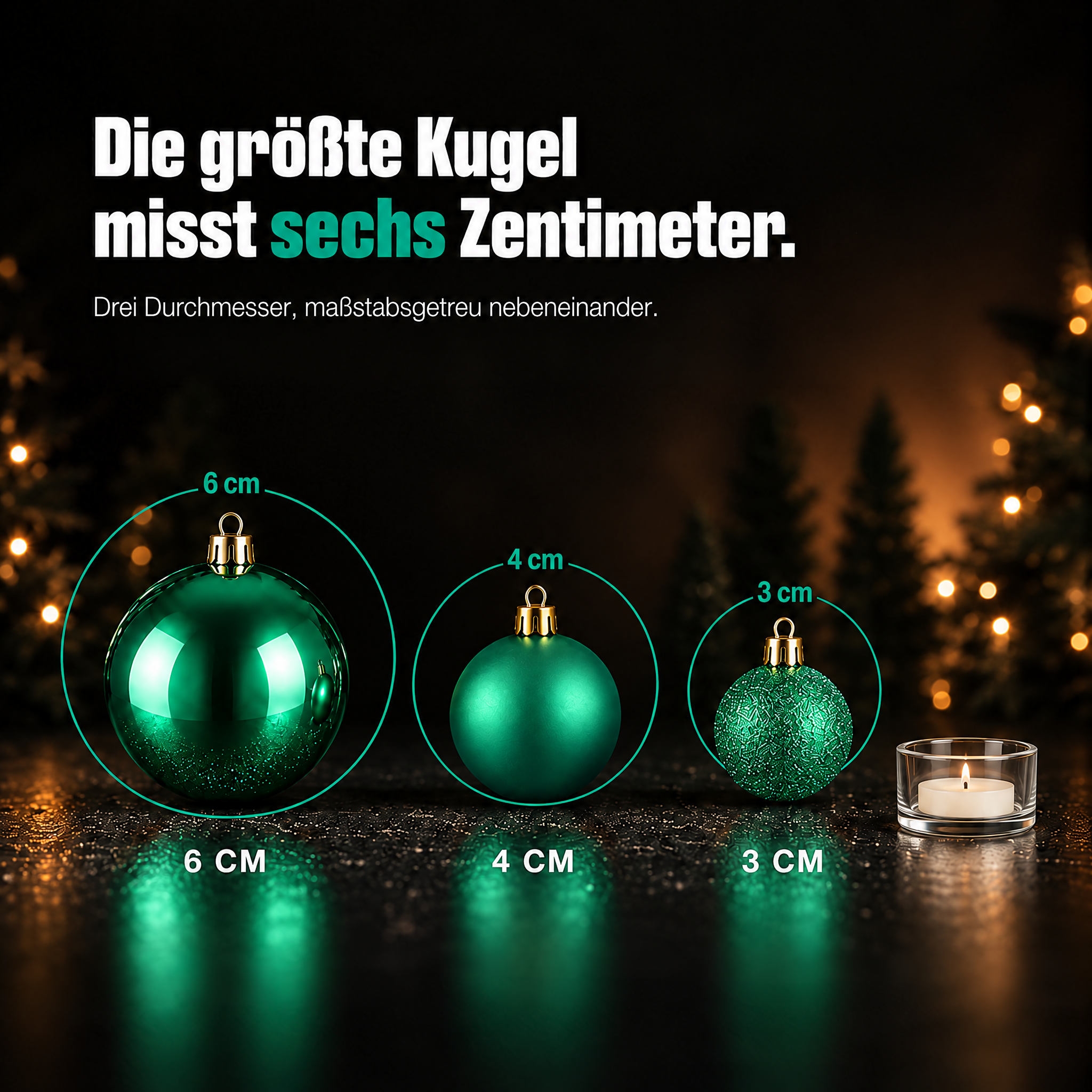 Weihnachtskugeln Größen: Drei Durchmesser maßstabsgetreu nebeneinander. (Dieses Bild wurde mit Hilfe von KI generiert.)