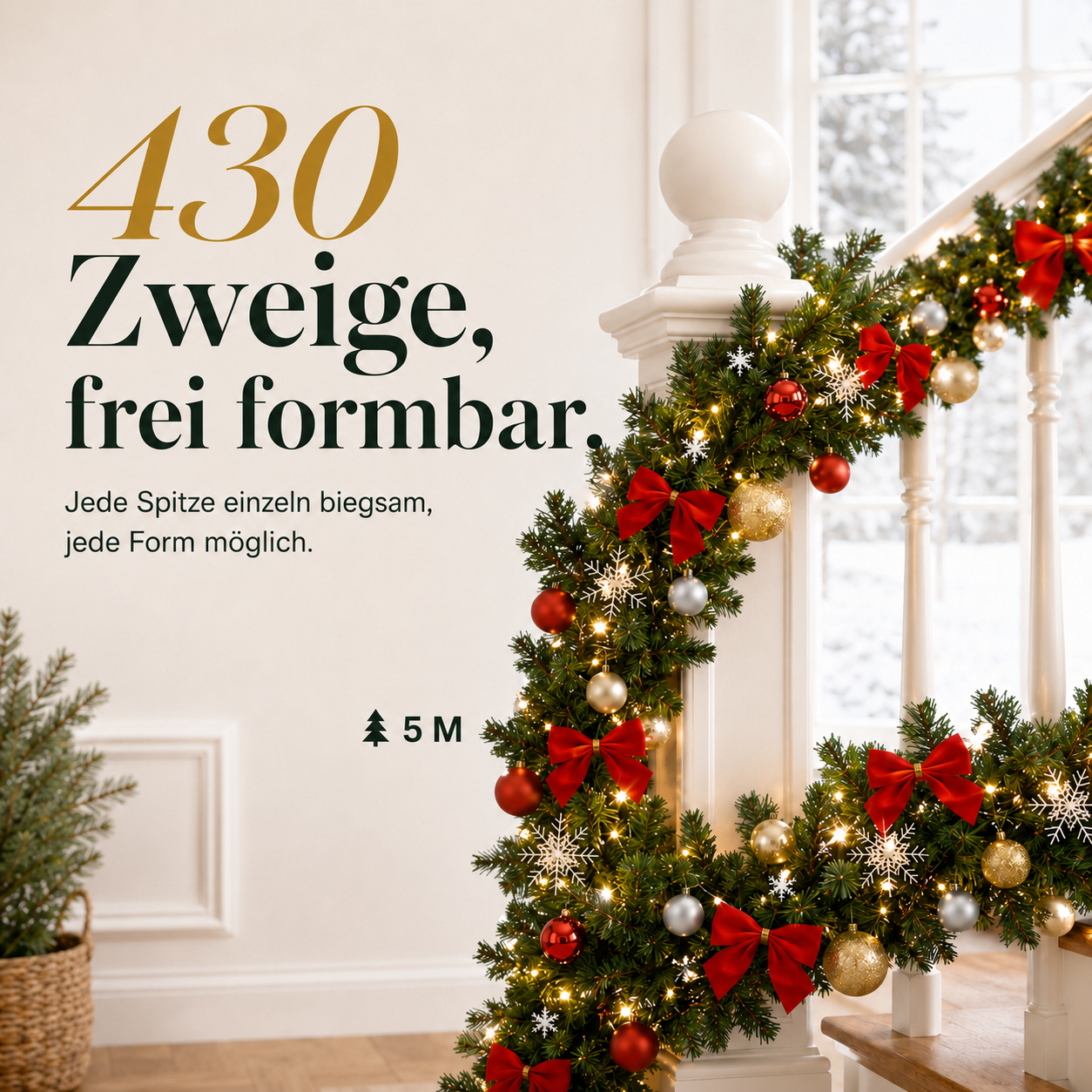 Kunstgirlande ONBEST (5 m): 430 biegsame Zweige am Treppengeländer dekoriert (Dieses Bild wurde mit Hilfe von KI generiert.)