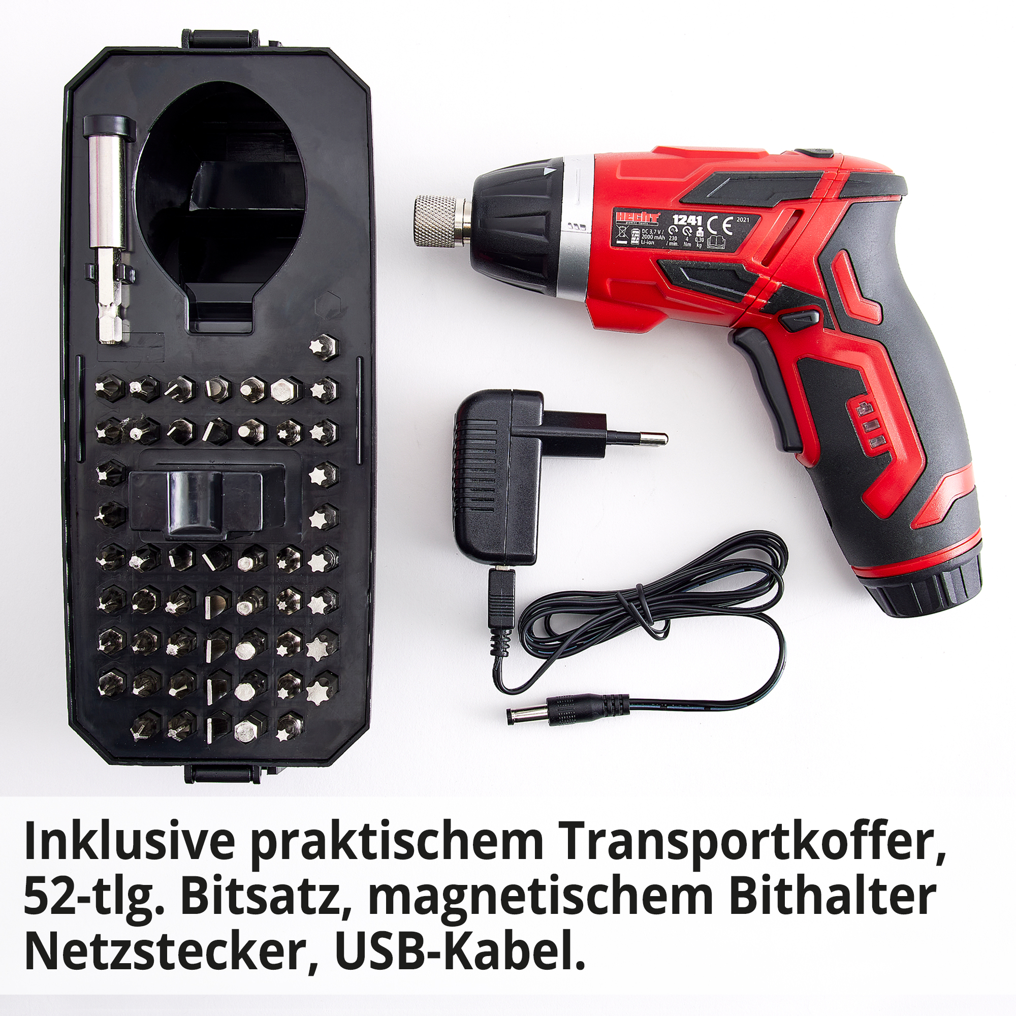 HECHT 1241 Mini-Akkuschrauber; Inklusive praktischem Transportkoffer, 52 teiligem Bitsatz, magnetischem Bithalter Netzstecker, USB-Kabel
