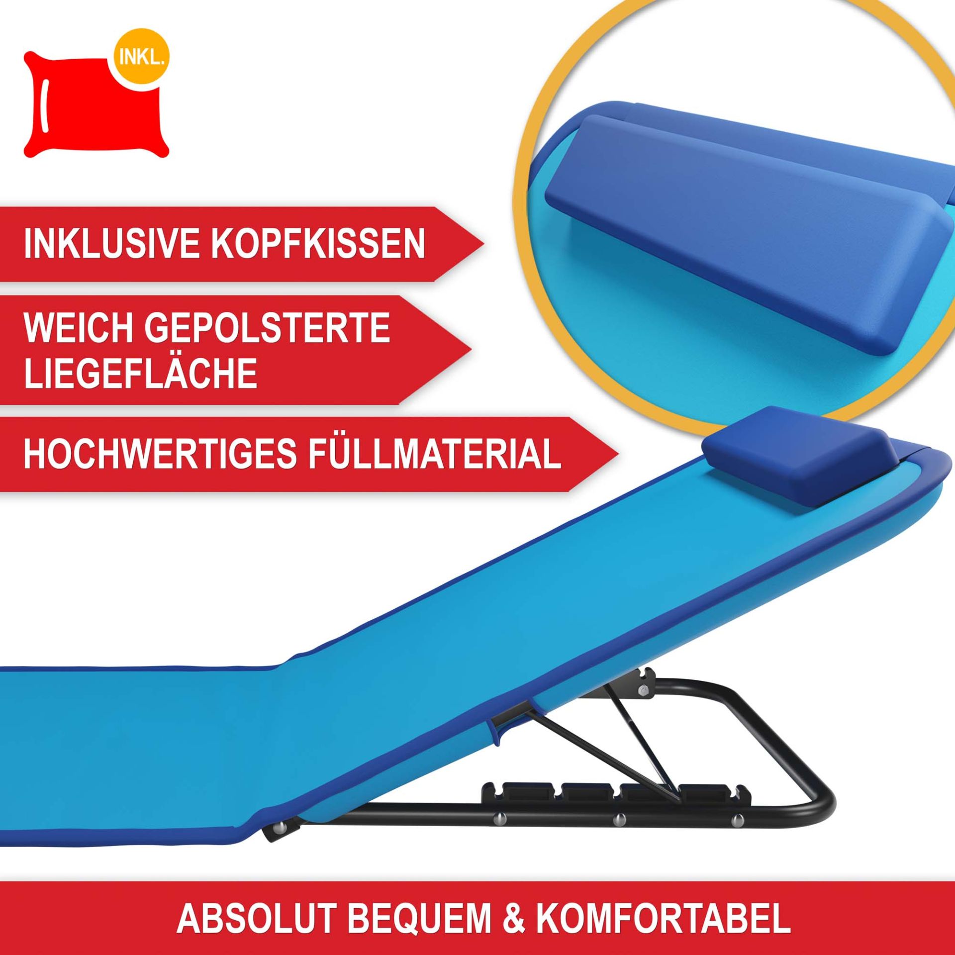 Strandliege blau - Inklusive Kopfkissen, weich gepolsterte Liegefläche, hochwertiges Füllmaterial, absolut bequem und komfortabel