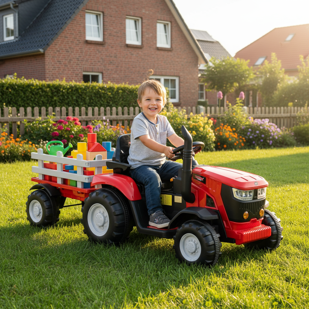 Kindertraktor HECHT 50825 RED Elektro mit Anhänger  im Garten mit Kind