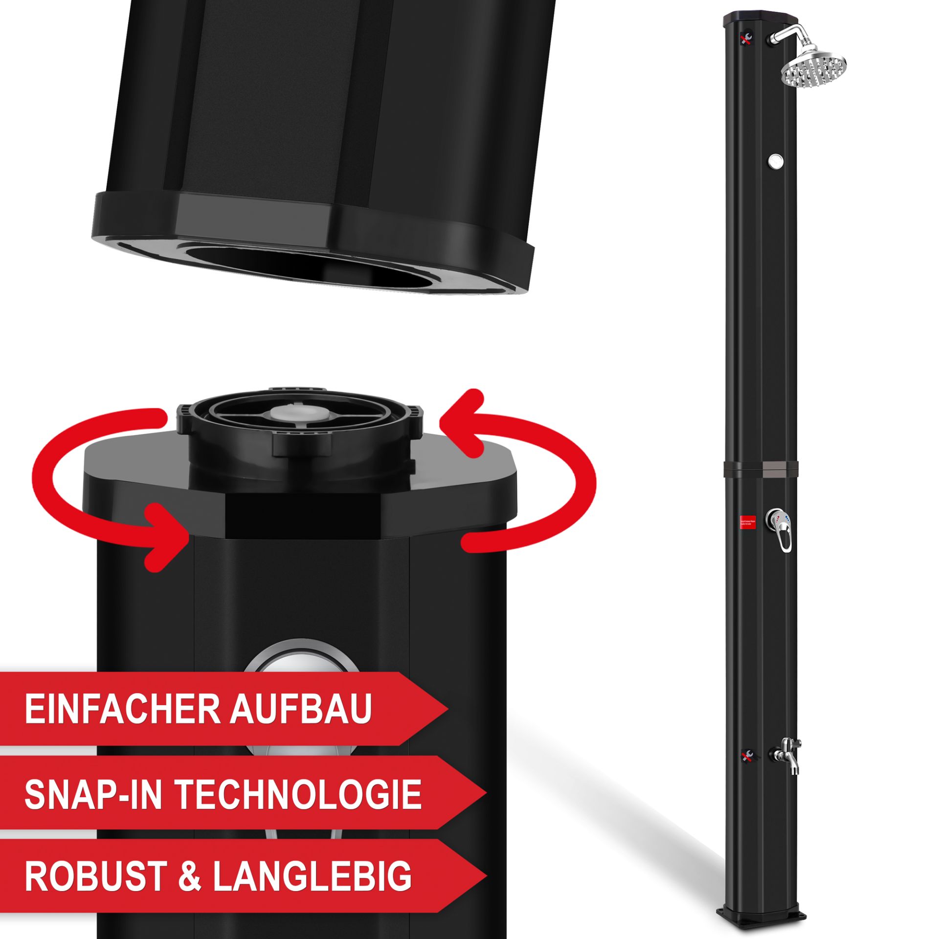 Solardusche schwarz - Einfacher Aufbau, Snap-In Technologie, robust und langlebig