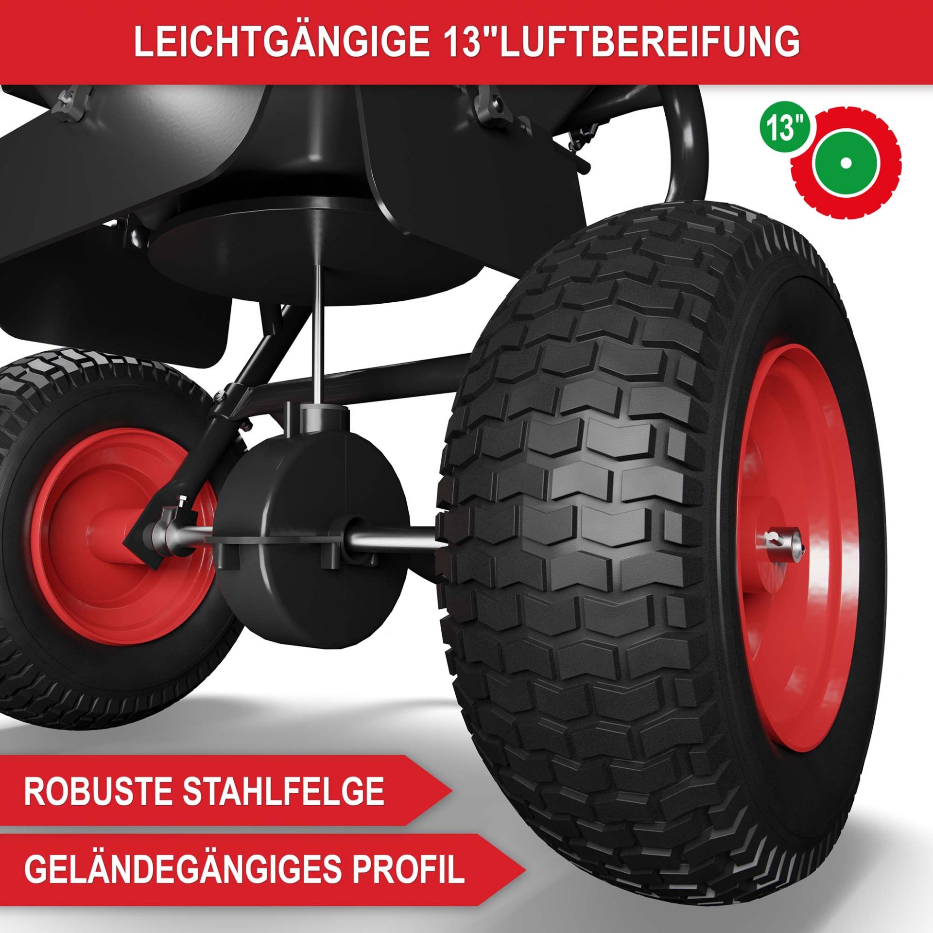 Streuwagen - leichtgängige Luftbefreiung, robuste Stahlfelge, geländegängiges Profil