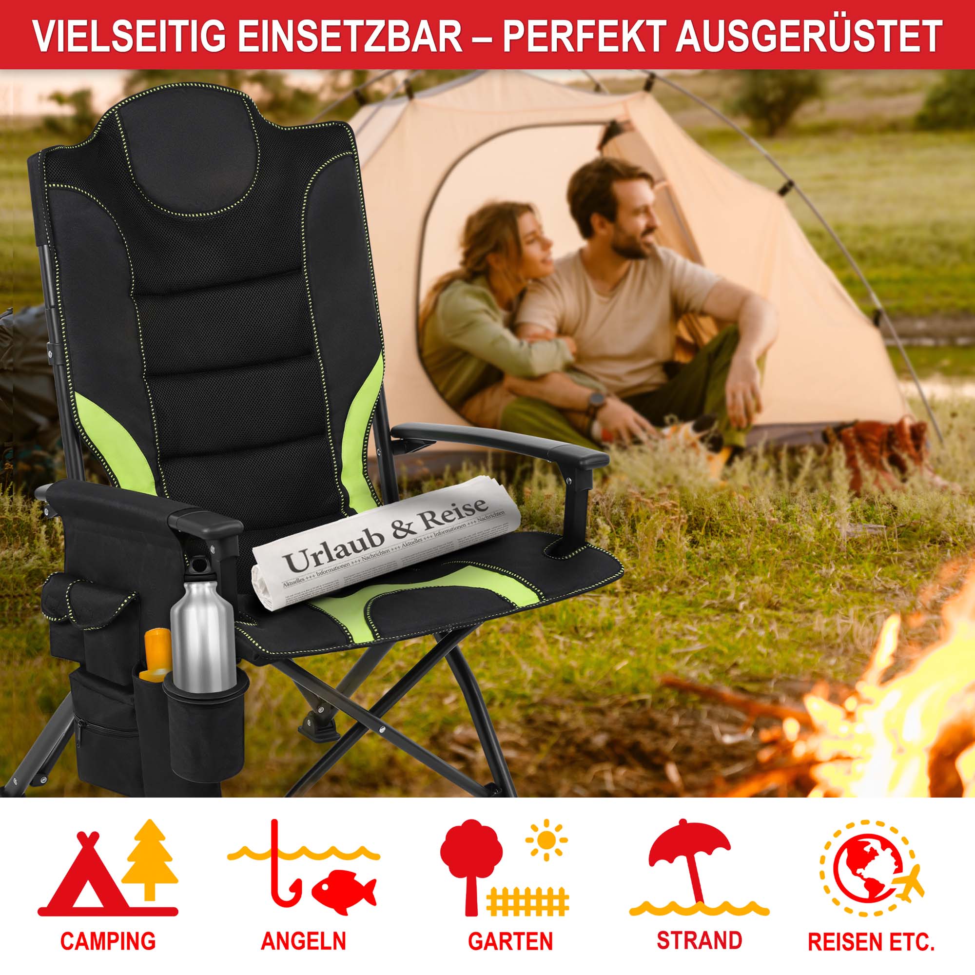 Campingstuhl schwarz/ grün - Vielseitig Einsetzbar, perfekt Ausgerüstet