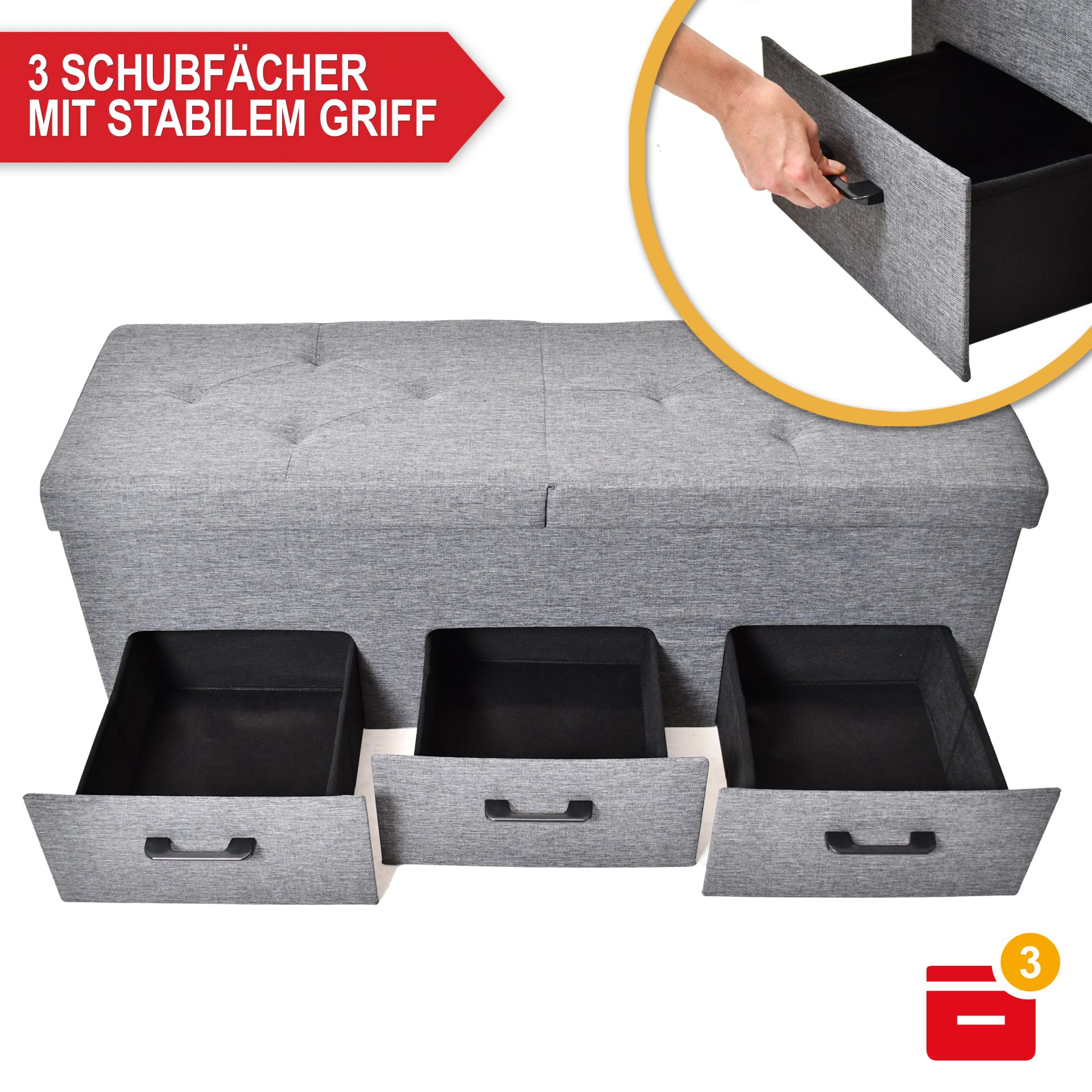 3er Sitzbank Dunkelgrau - 3 Schubfächer mit stabilem Griff