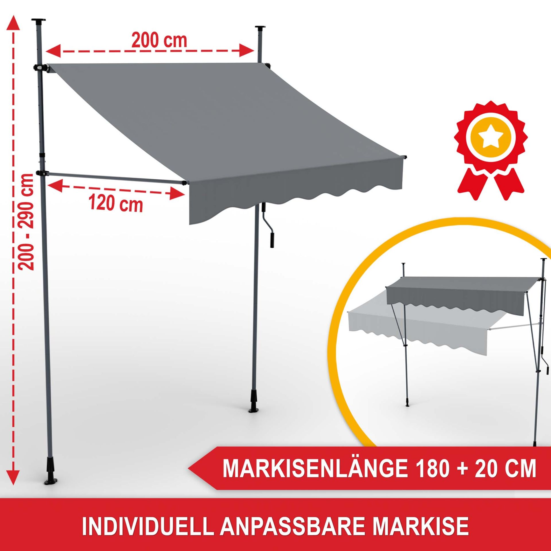 Balkonmarkise M - Hellgrau - Markisenlänge, individuell anpassbare Markise